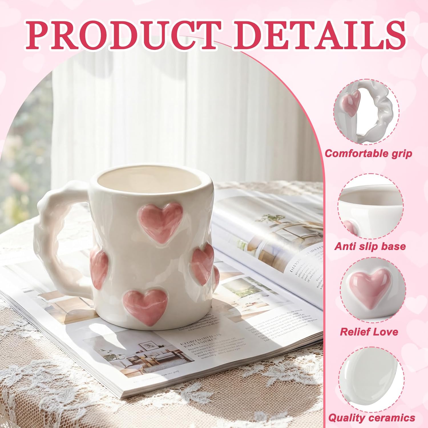 Vesici 2 Pcs 17oz Valentines 3D Heart Coffee Mugs Pink Heart Ceramic Cups with Handle Valentines Couple Mugs Cute Handmade Relief Cups for Office Home Anniversary, Wedding Engagement Couple Gifts