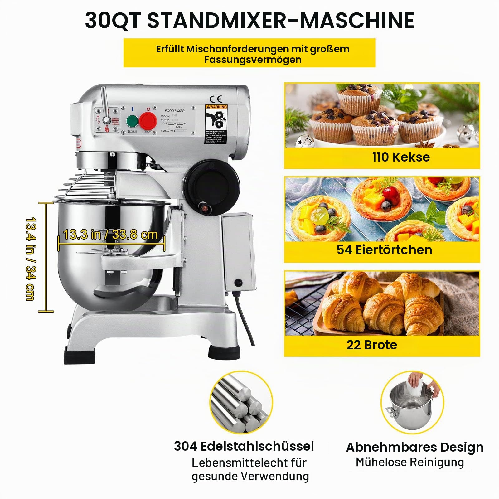 VEVOR Kommerzieller Knetmaschine 30L für Backbedürfnisse Pizzateig Brotteig usw. Kochmaschine Handelsüblicher 3-Gang-Standmixer aus Hochleistungsstahl Brandneuer