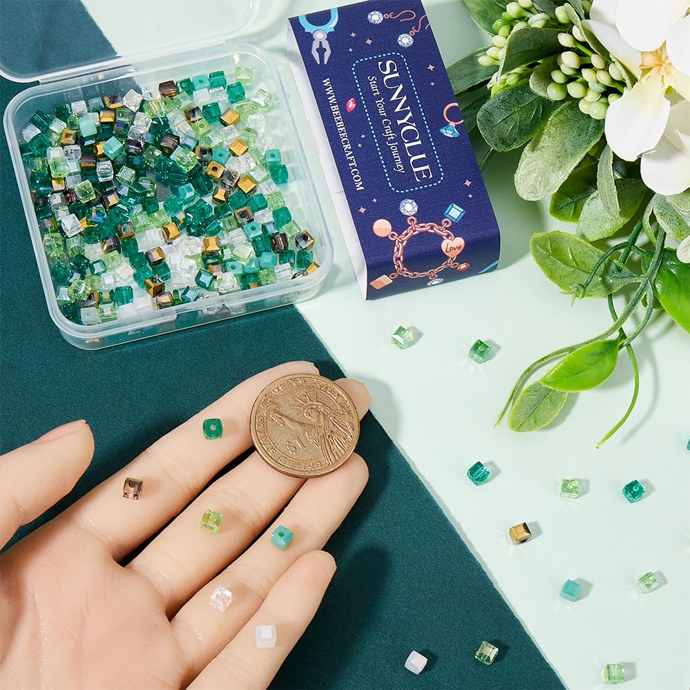 SUNNYCLUE 1 Box 300Pcs 6 Colors 4mm Glass Cube Beads Crystal Cube Beads Green Square Transparent AB Color Plated Faceted Loose Spacer Hole Bead Bulk for Jewellery Making Bracelet Necklace DIY Crafts - Image 3