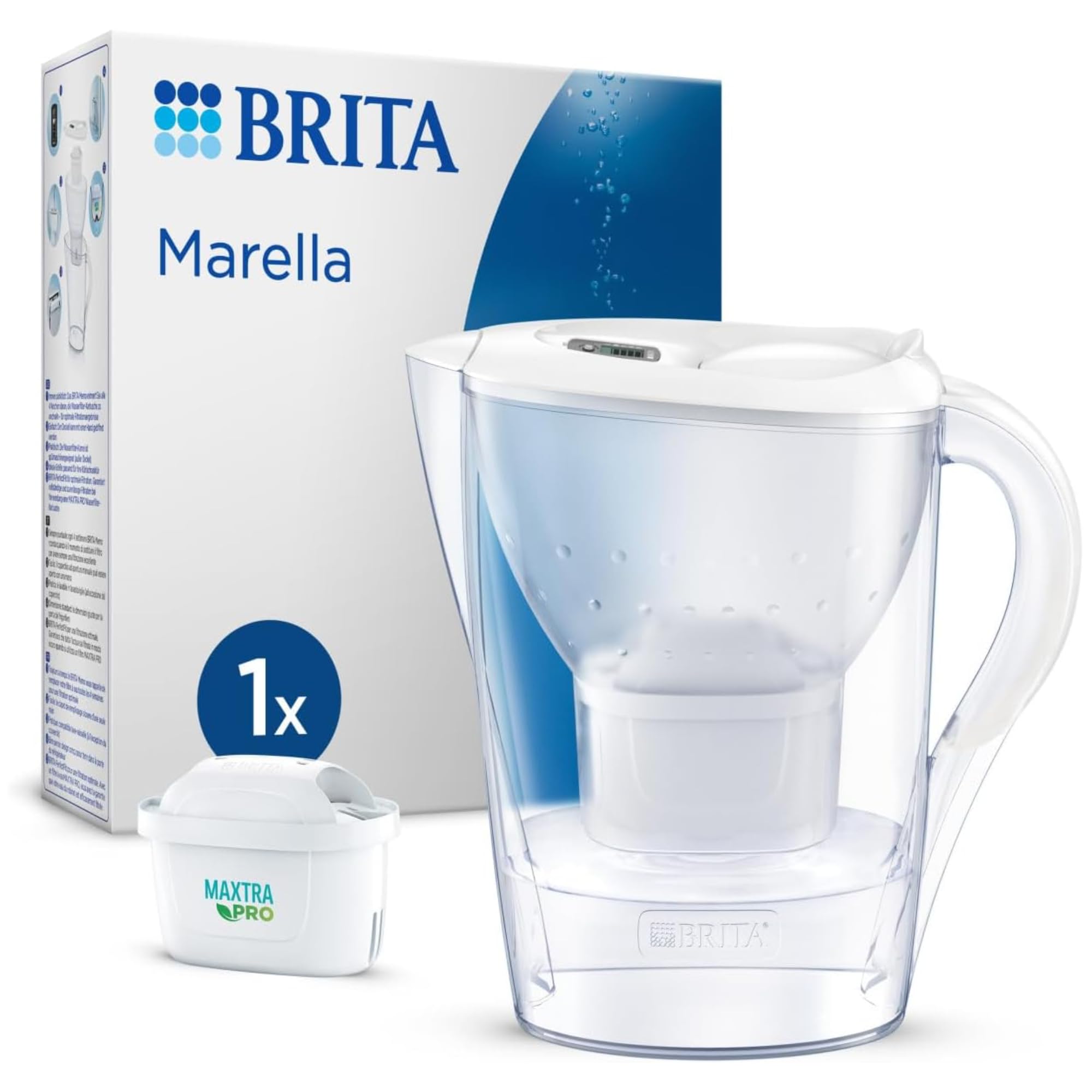 Caraffa Filtrante Marella per acqua, Bianco (2.4l) - incl. 1 Filtro MAXTRA PRO per la riduzione di cloro, calcare e impurità + Cartuccia filtro acqua MAXTRA PRO All-in-1 Confezione da 6 (semestrale)