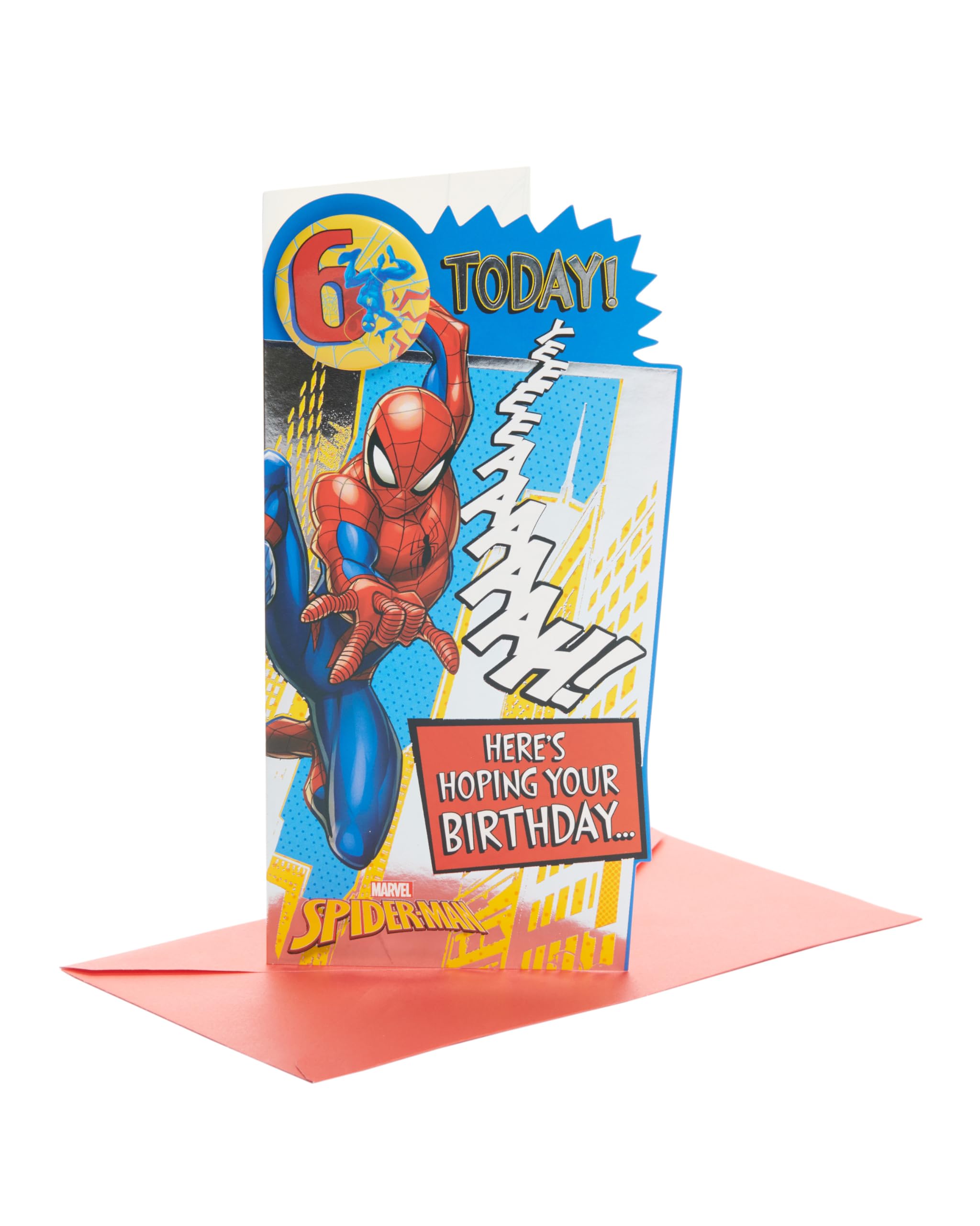 UK Greetings Marvel 6th Birthday Card For Him/Boy With Envelope - Badge Design - With Spider-Man, 121mm x 229mmThe Forest Stewardship Council