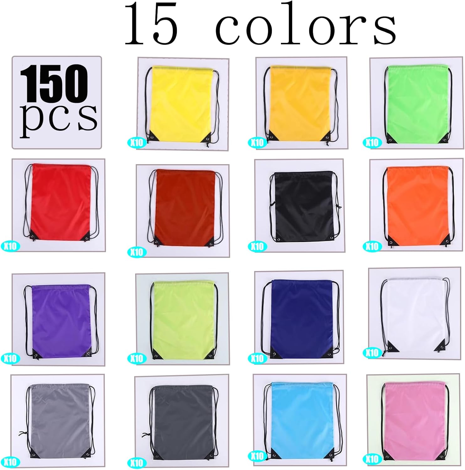 150 Pcs Drawstring Backpack Bulk Polyester Drawstring Bags Cinch Sack Bags for Sports, Gym, Travel, Party Favors, Gift Packaging and Storage (15 Colors)