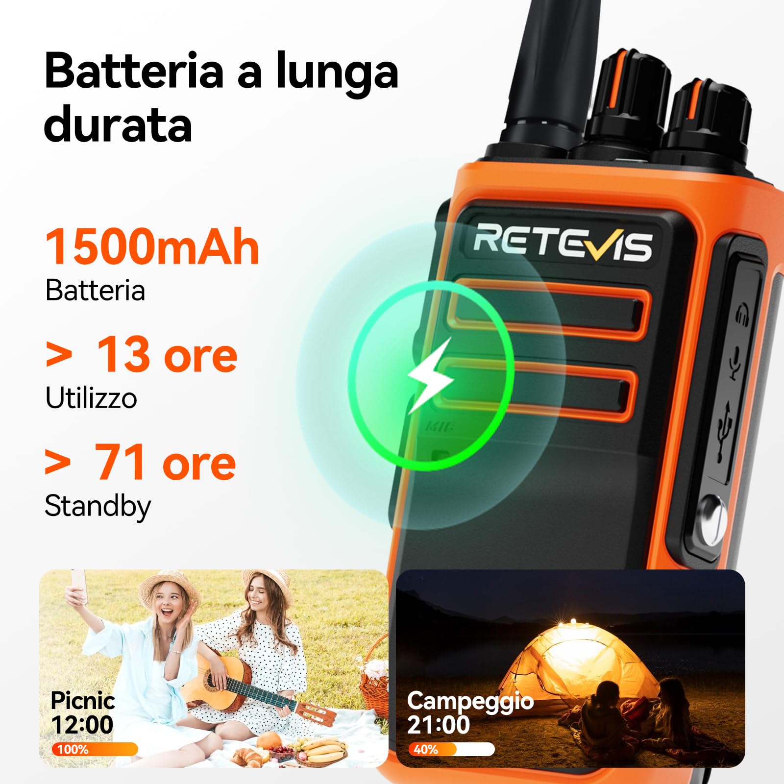Retevis C66 Walkie Talkie Professionale, Ricetrasmittente Ricaricabile | Ricarica Rapida 100 Minuti, CTCSS/DCS, per Viaggi All'aperto, Arancione, 2 Pezzi