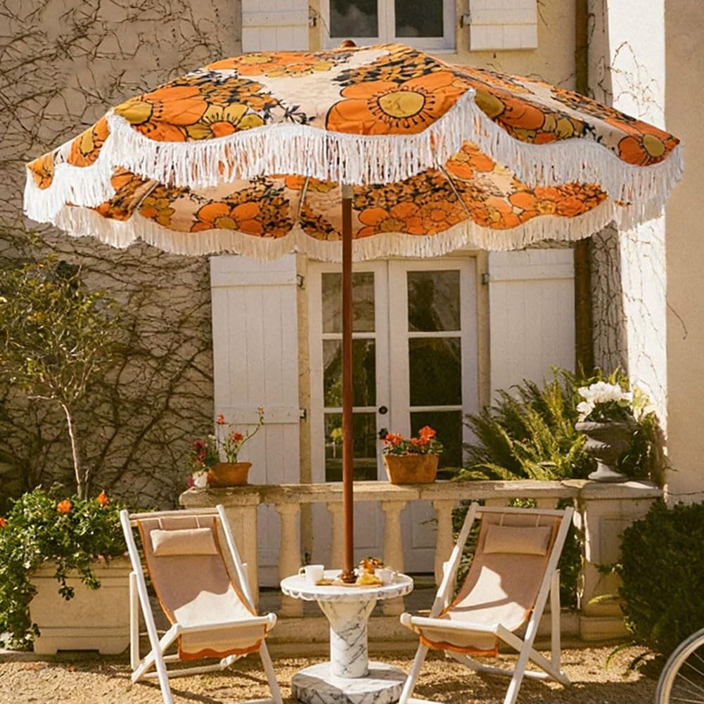 200 cm Parasol Ogrodowy w Boho z Frędzlami, Vintage Odchylany Parasol Ogrodowy, Baldachimem z Nadrukiem do Basenów Plażę