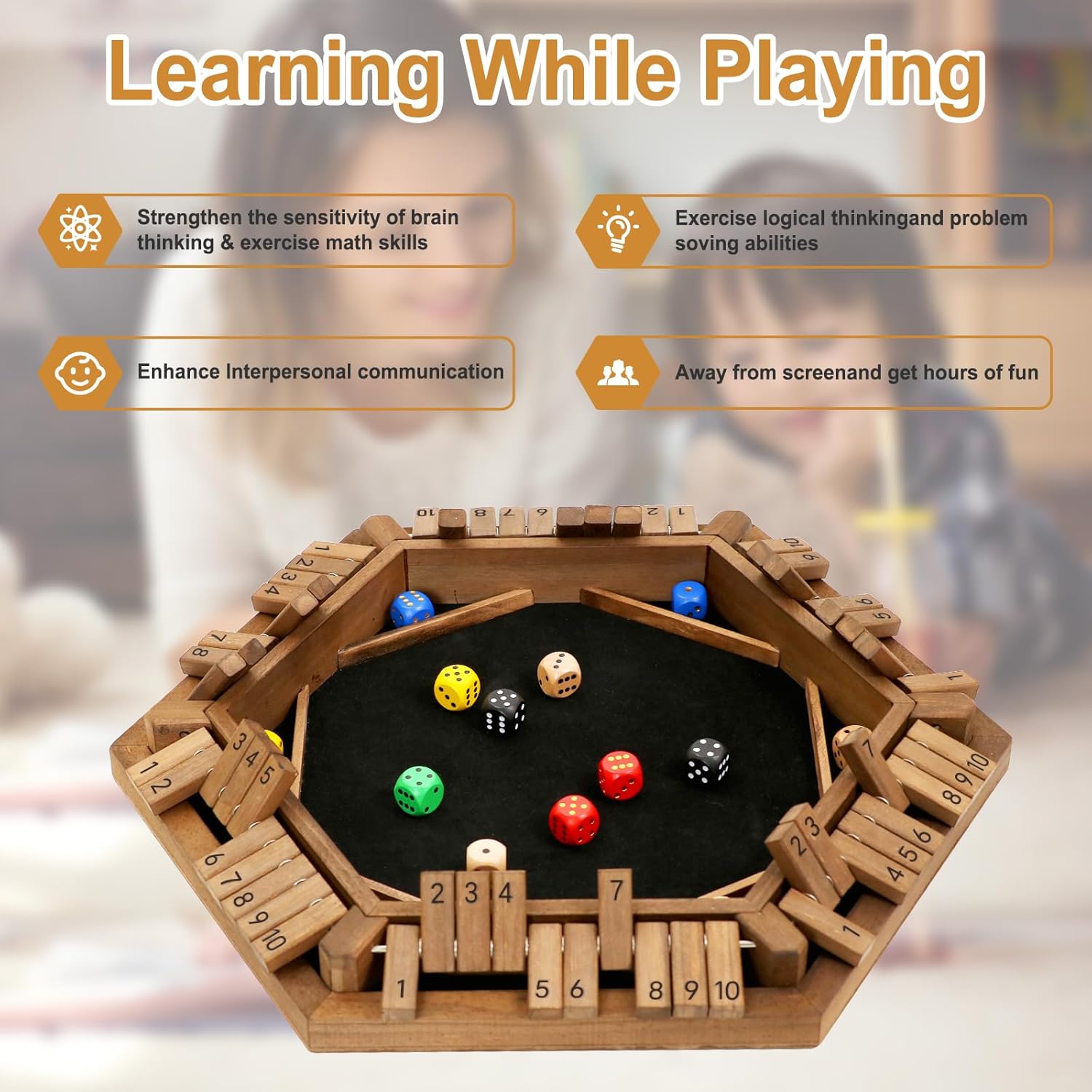 Exqline Shut The Box Game for 2-6 Players, Wooden Board Table Math Game with 14 Dice, 6 Way Classic Puzzle Board Games for Home Classroom or Pub