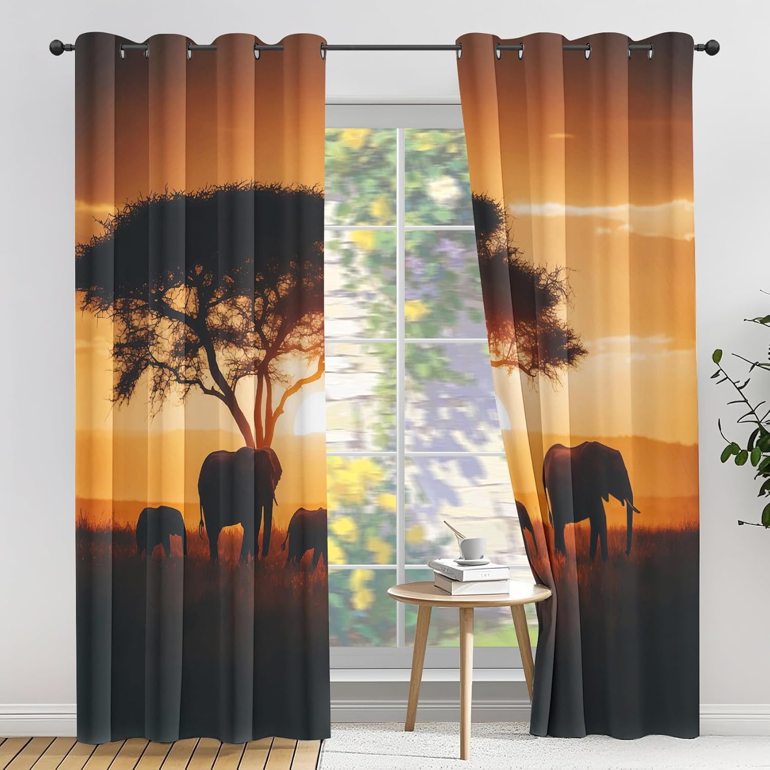 Elephant Curtains for Kitchen Windows Blackout, Sunset Curtains for Bedroom Living Room, African Grassland Drapes Decor 39 inch Long 2 Panels, Small Short Grommet Curtain 27.5 x 39 Inch