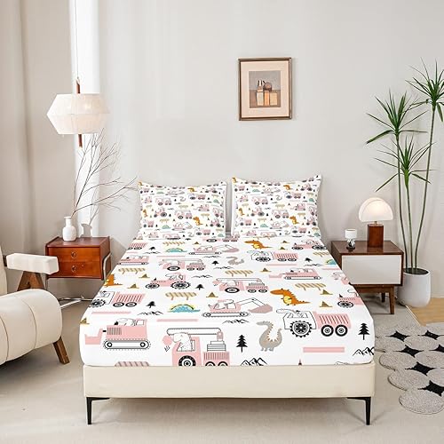 Miniatura 9 de Feelyou Sábana bajera ajustable de construcción para niños, equipamiento para niños, camiones, juego de ropa de cama para excavadora, tractor, juego