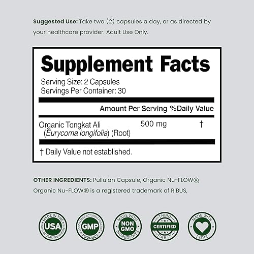 Miniatura 6 de Tongkat Ali orgánico para hombres (500 mg por porción, 60 cápsulas) Polvo de extracto de raíz Longjack para hombres y mujeres  Suplemento Tongkat