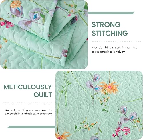 Miniatura 3 de JSD Juego de edredón floral verde, tamaño matrimonial, Queen, colcha estampada de 3 piezas con funda de almohada, manta acolchada de microfibra suave