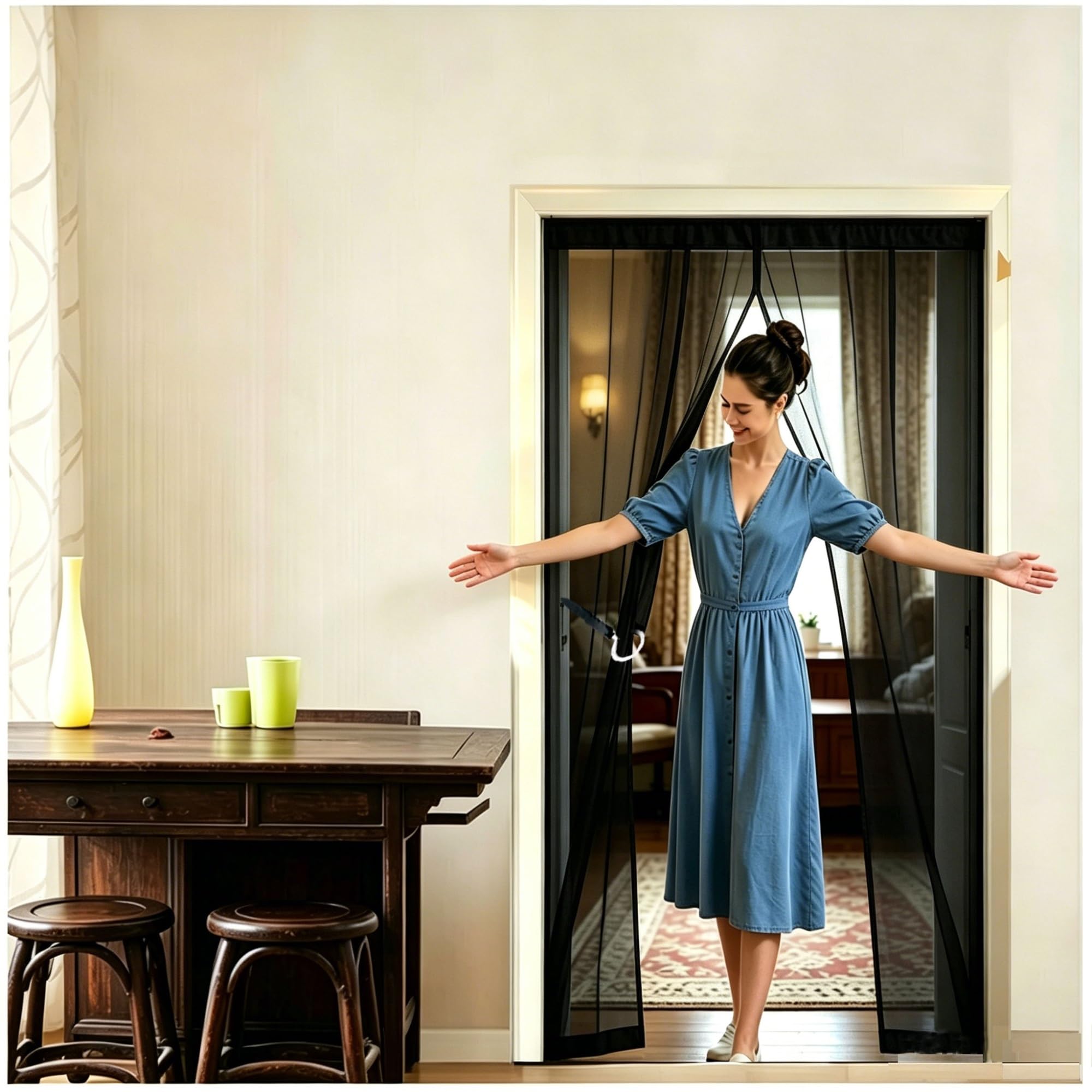 Liujyuan Black Magnetic Screen Door 63 X 153 Cm With Magnets, Magic Tapes, Polyester Flyscreen French Doors, Bug Mesh Curtain No Drill Installation, Keep Bugs Out Pet And Kid Friendly,