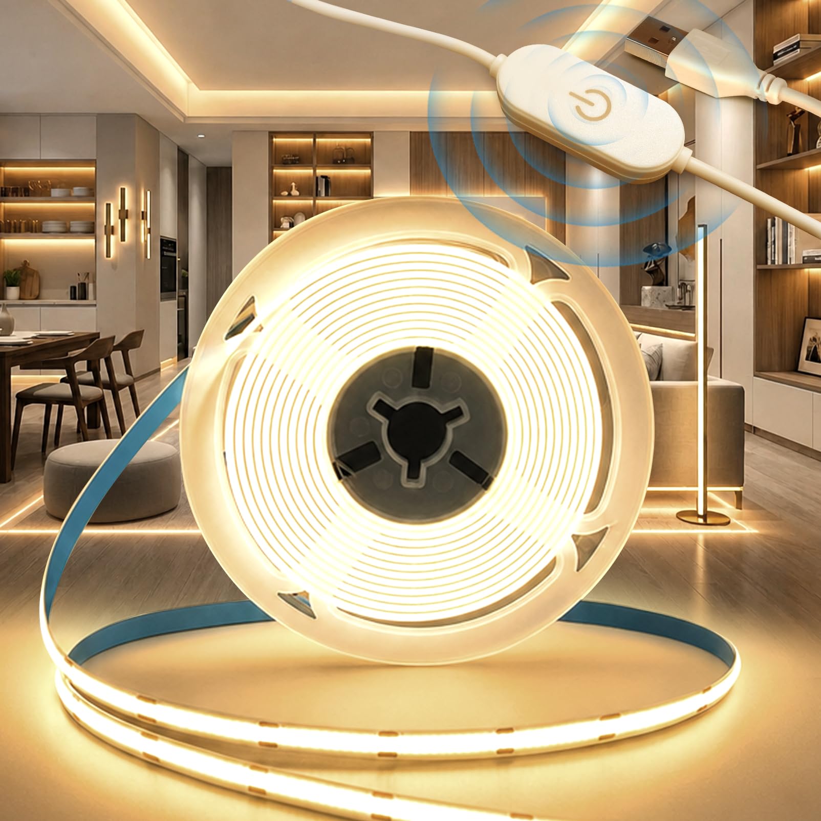 BAGZY USB 5V COB LED Strip Lights Dimmable 3M TV Backlight Natural White 4000K Flexible Dotless 320LEDs/M LED Tape Strip Lights 8mm Width for Mirror Bedroom Kitchen Indoor Decoration