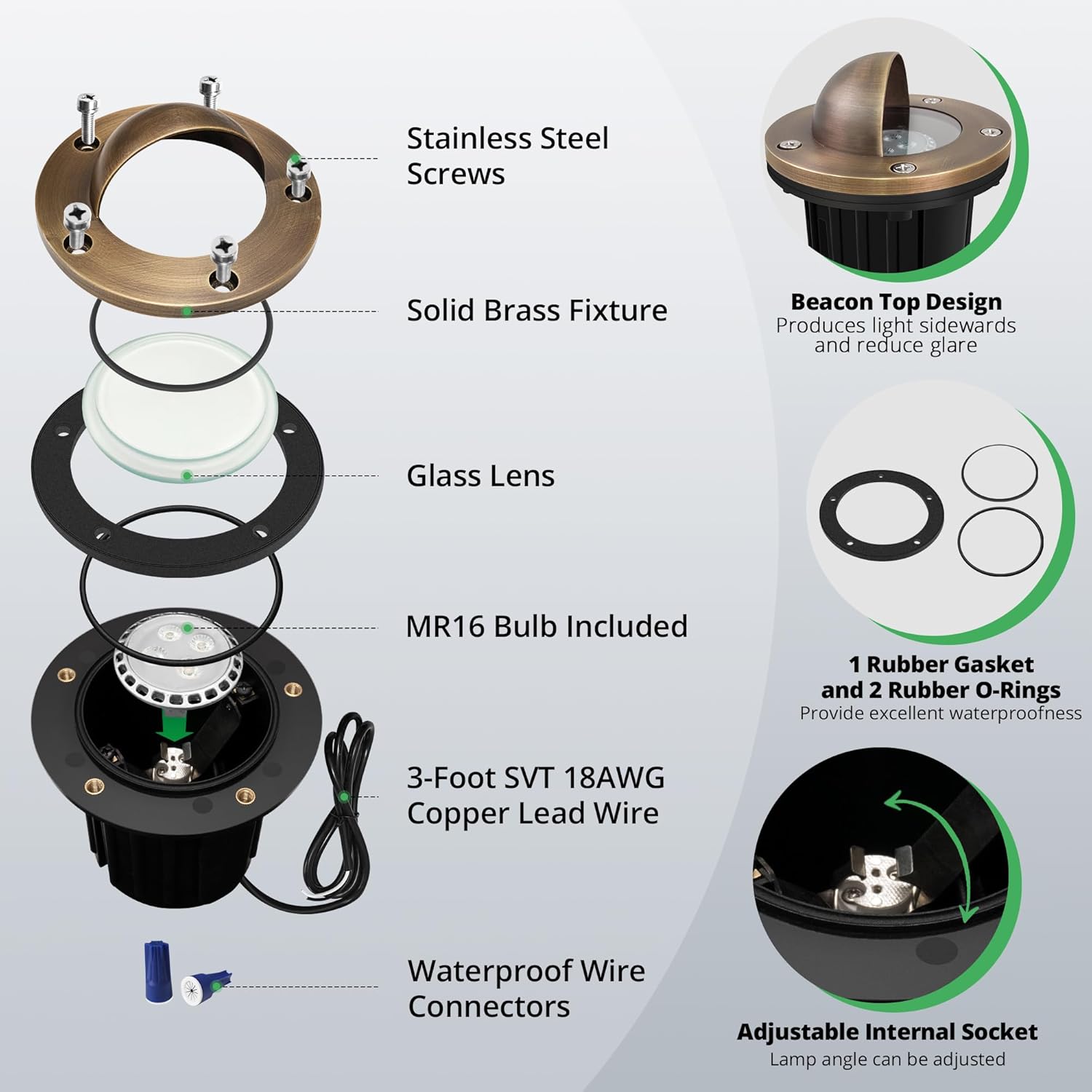 GKOLED LED Brass Well Lights, 12V In Ground Light Outdoor, IP67 Waterproof Low Voltage Landscape Lighting with MR16 Bulb and Swivel Base, 5W 140LM 2700K, Up Light for Garden Trees Bushes, Beacon Top