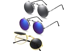 3 Pairs Vintage Round Flip Up Sunglasses, Timeless 90's Steampunk Style for Men and Women.