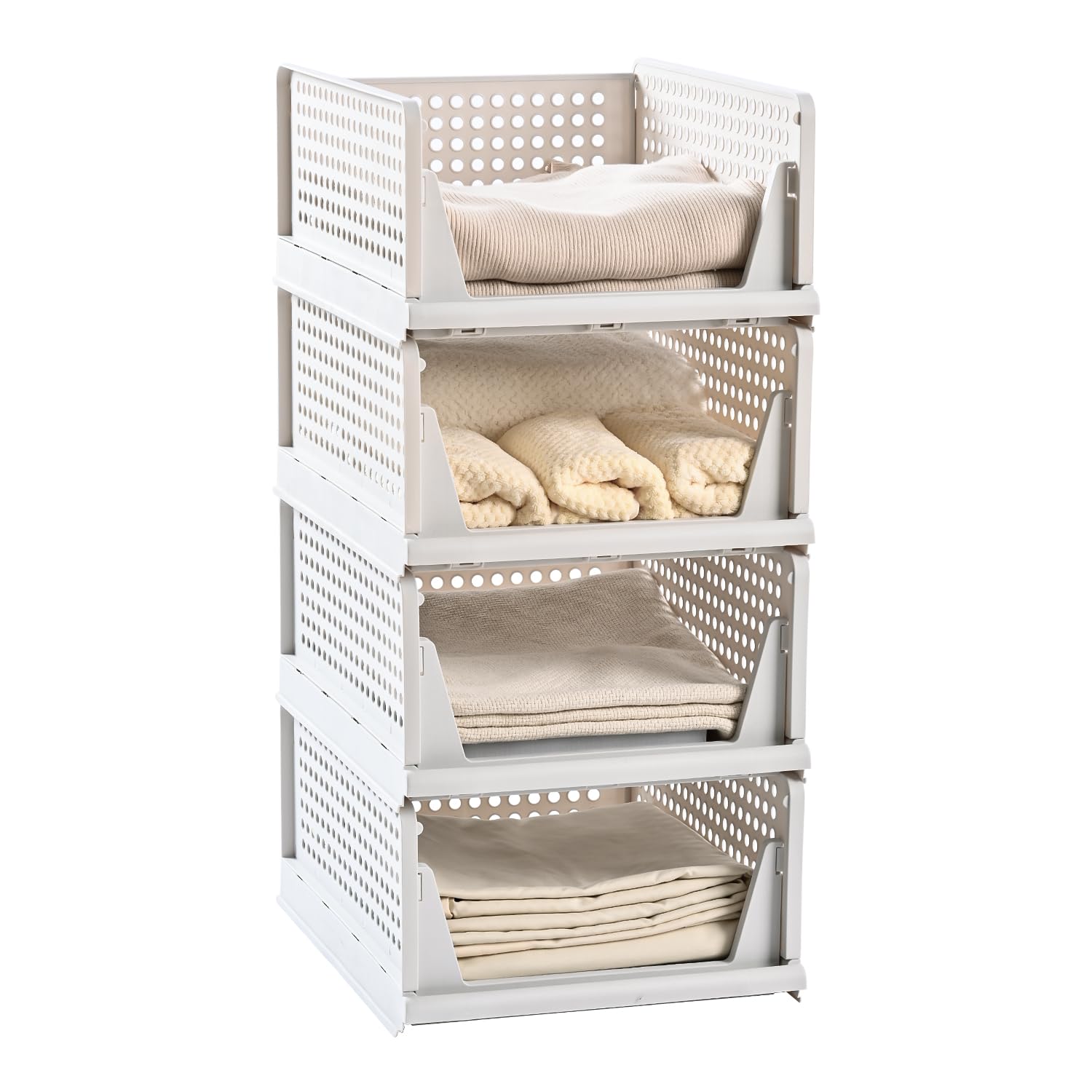 4 Pack Stackable Plastic Storage Basket-Foldable Closet Organizers Drawer Shelf Container for Bathroom Kitchen Laundry Room Wardrobe Storage, Space-Saving Clothes Storage (White, 4 Pack L)