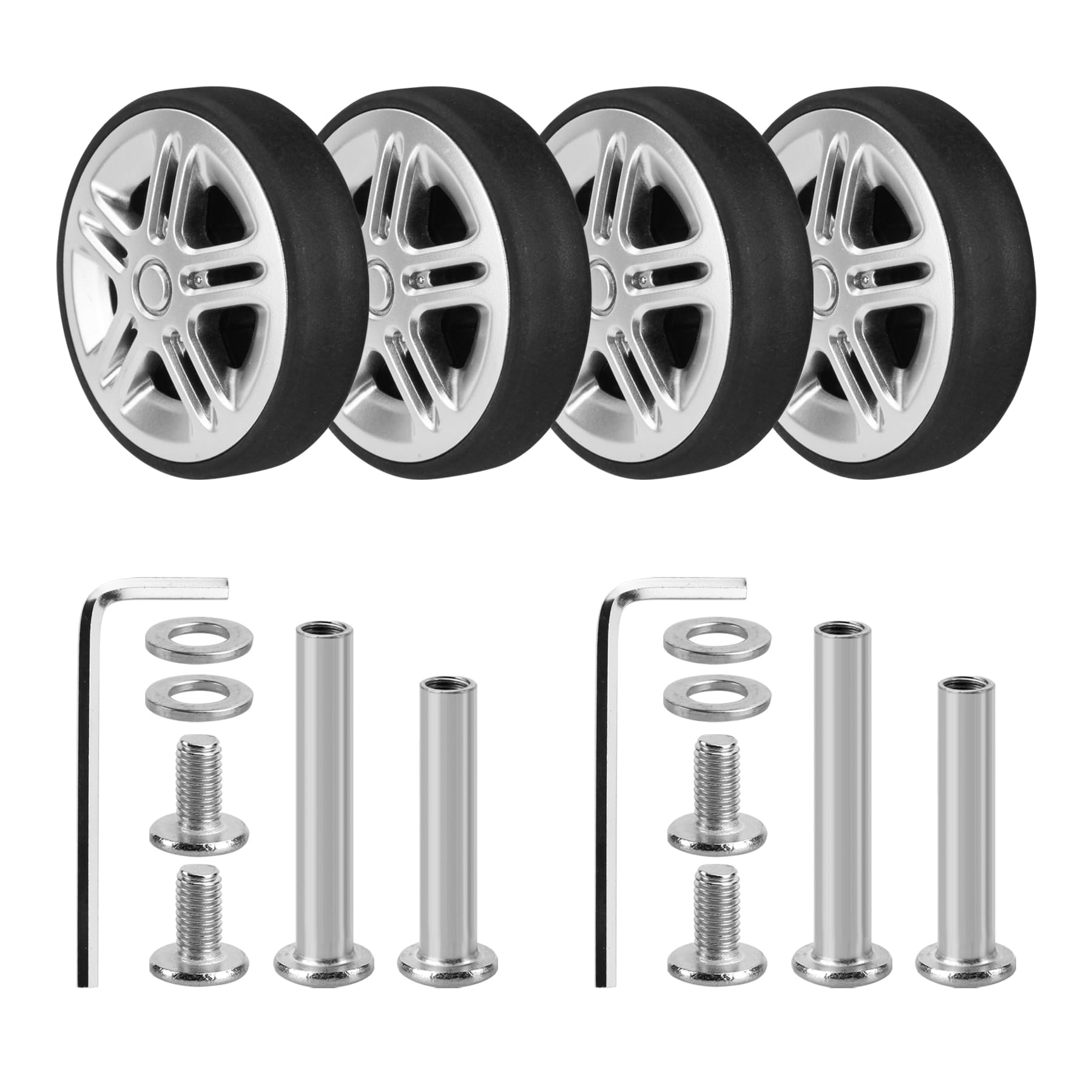 Volein 4 Pcs Suitcase Replacement Double Wheels, 50mm Wear Resistant Luggage Wheels Replacement with Bearings Spare Casters Kit for Worn Suitcase Tyres(Silver-V12)