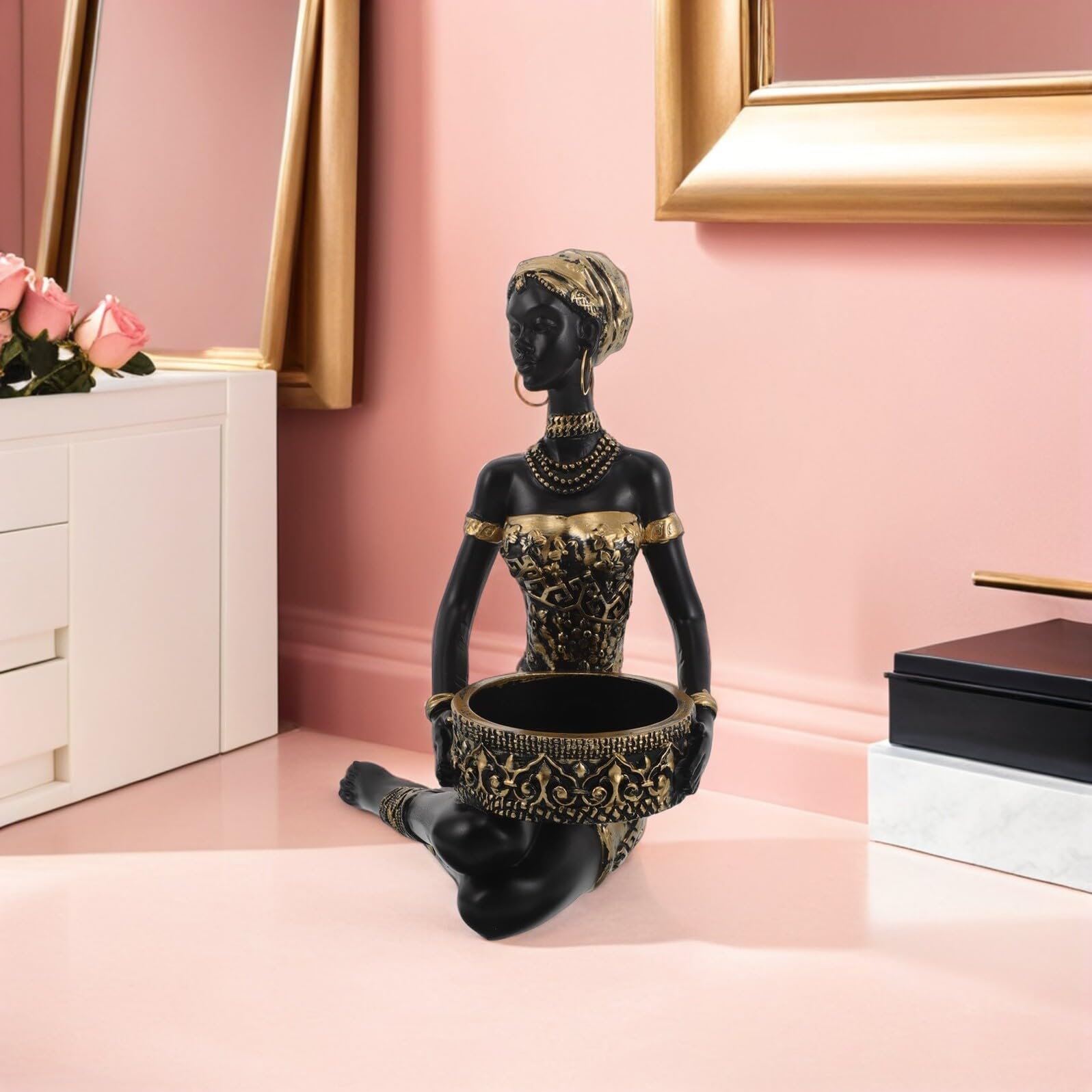 TOYANDONA Bandeja para Joyas y Organizador de Tocador de Resina Figura de Mujer Africana, Soporte Decorativo para Accesorios y Pendientes, Bandeja Pequeña para Almacenamiento en Hogar