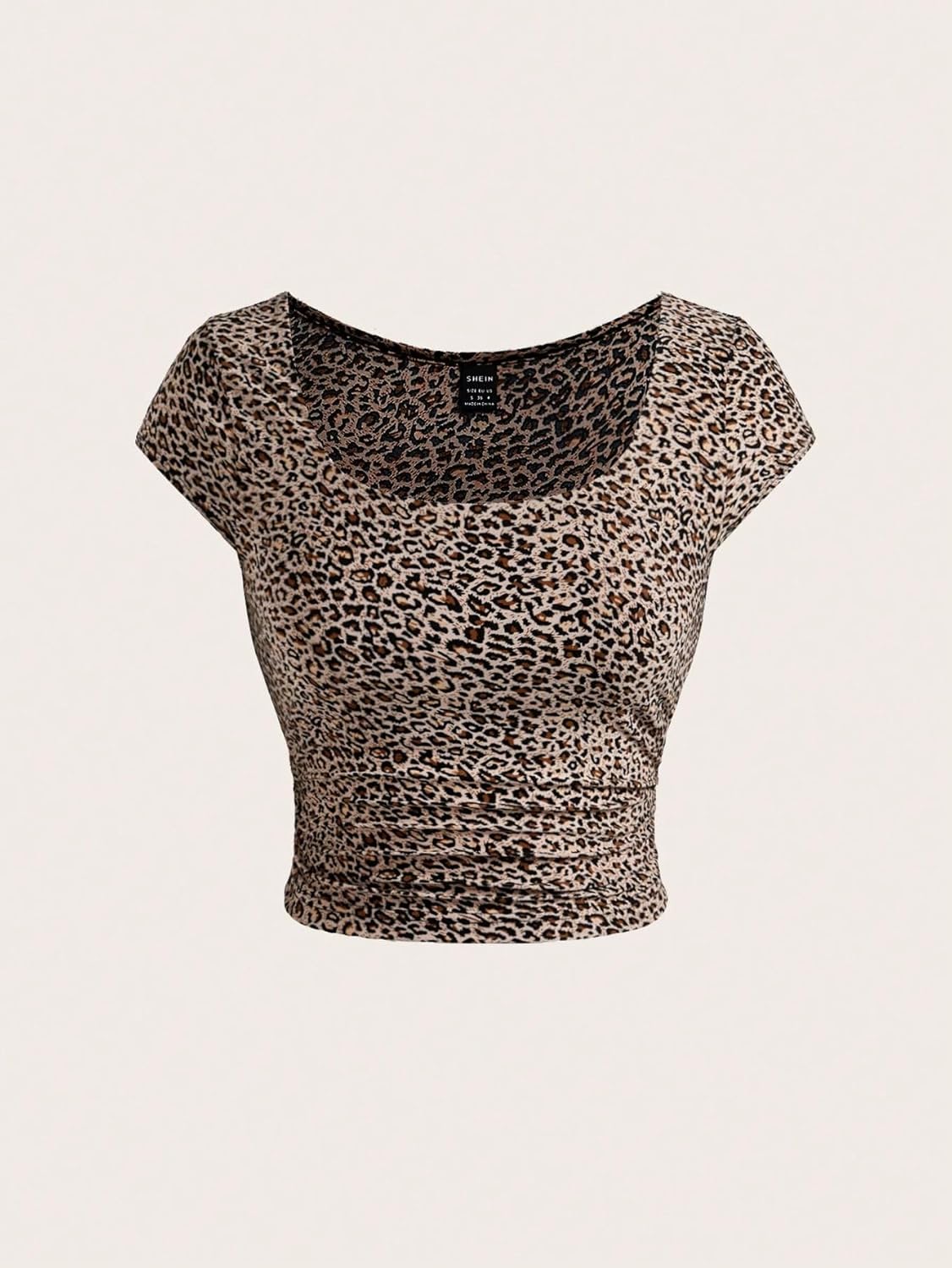 Floerns Women's Leopard Print Square Neck Short Sleeve Ruched Slim Fit Crop Casual Tee Tops - Image 4