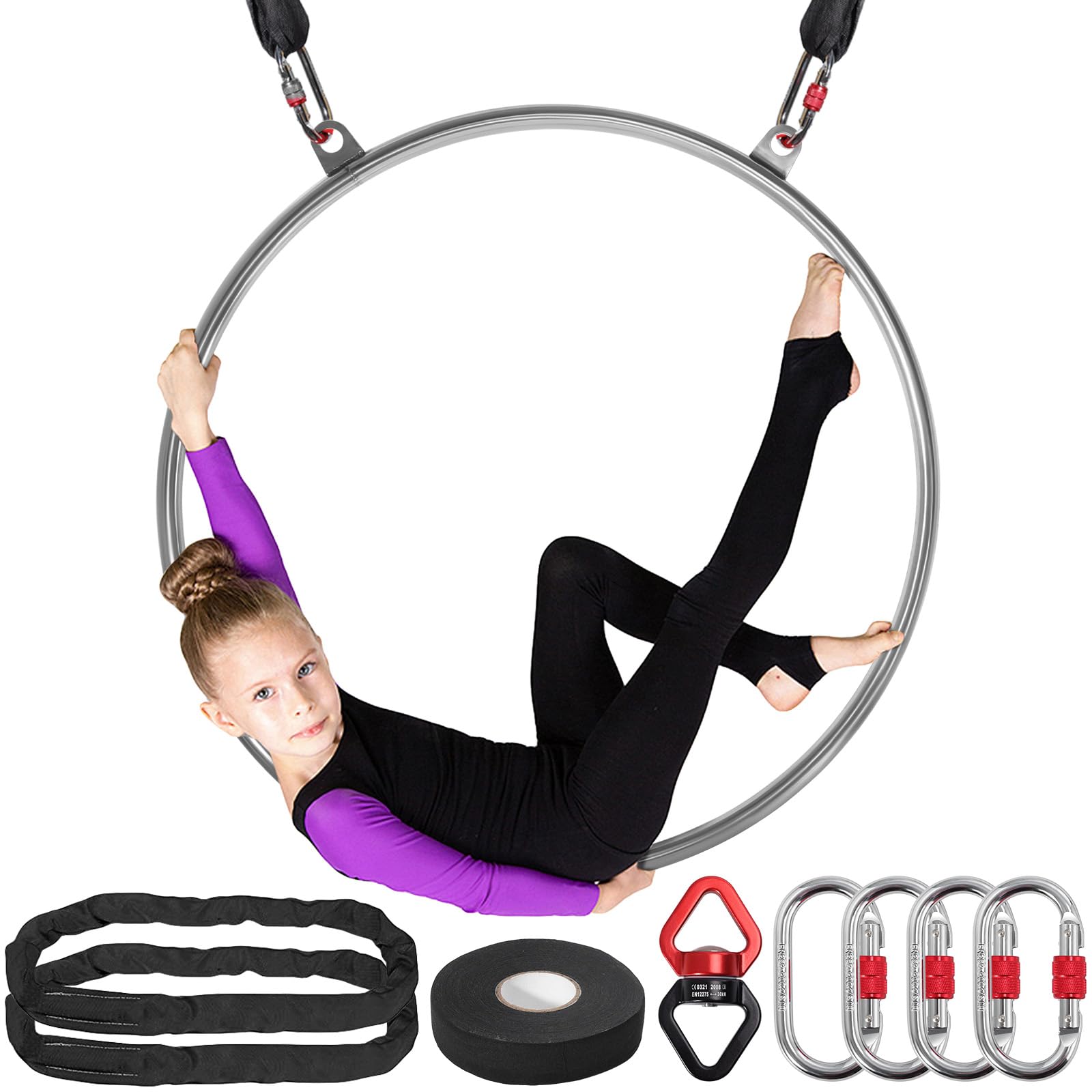 DASKING Cerchio Aereo 2 Punti, 80 85 90cm in Acciaio Inox Set con Borsa Portatile Resistente, capacità 226kg, Aerial Hoop Kit per Yoga sartiame per Fitness, Circo, Allenamento, acrobazie e Danza