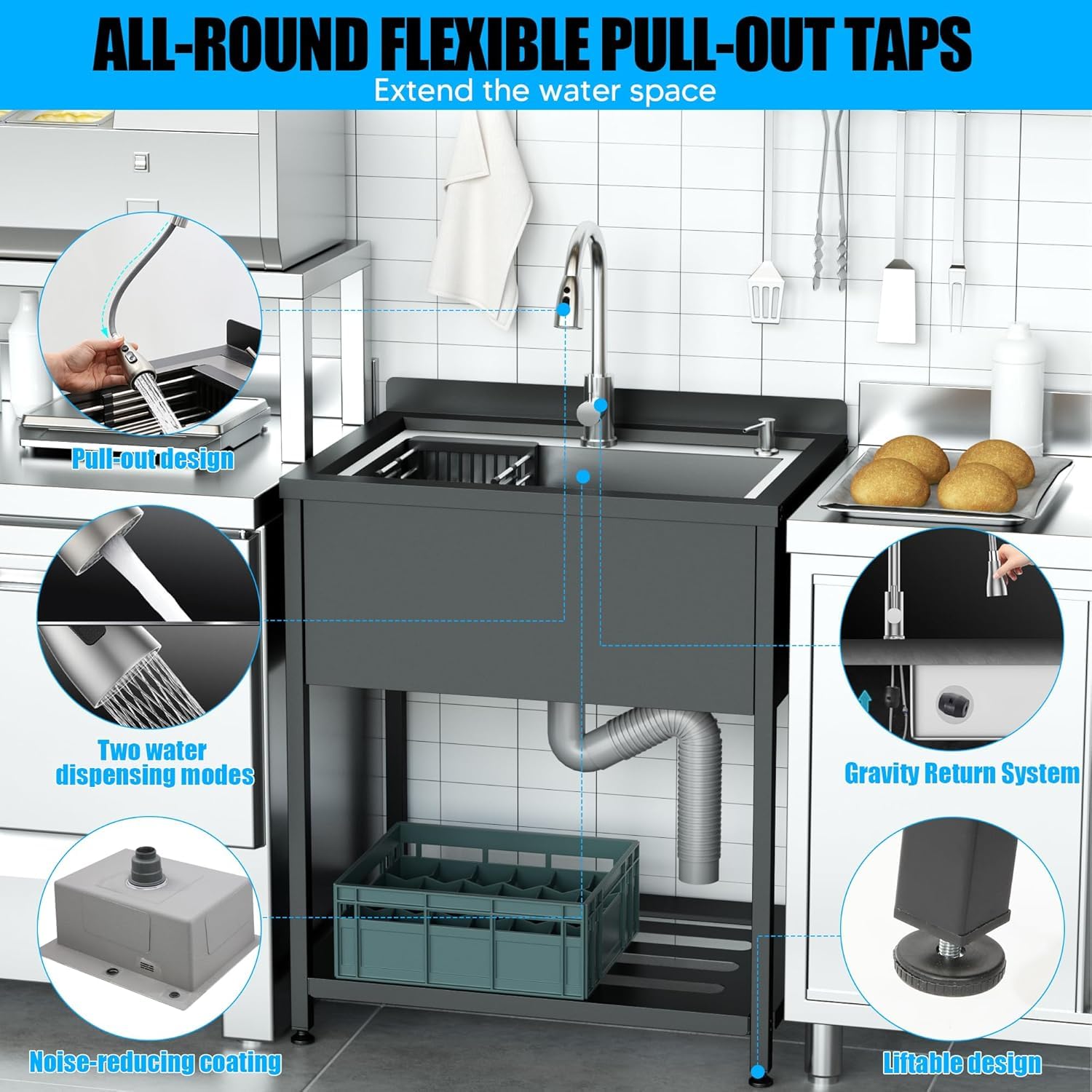 Fregadero de acero inoxidable de cocina, 1 bandeja profesional, 78 x 56 x 100 cm, independiente con grifo y accesorios, fregadero exterior e interior, inmersión de acero inoxidable para cocina