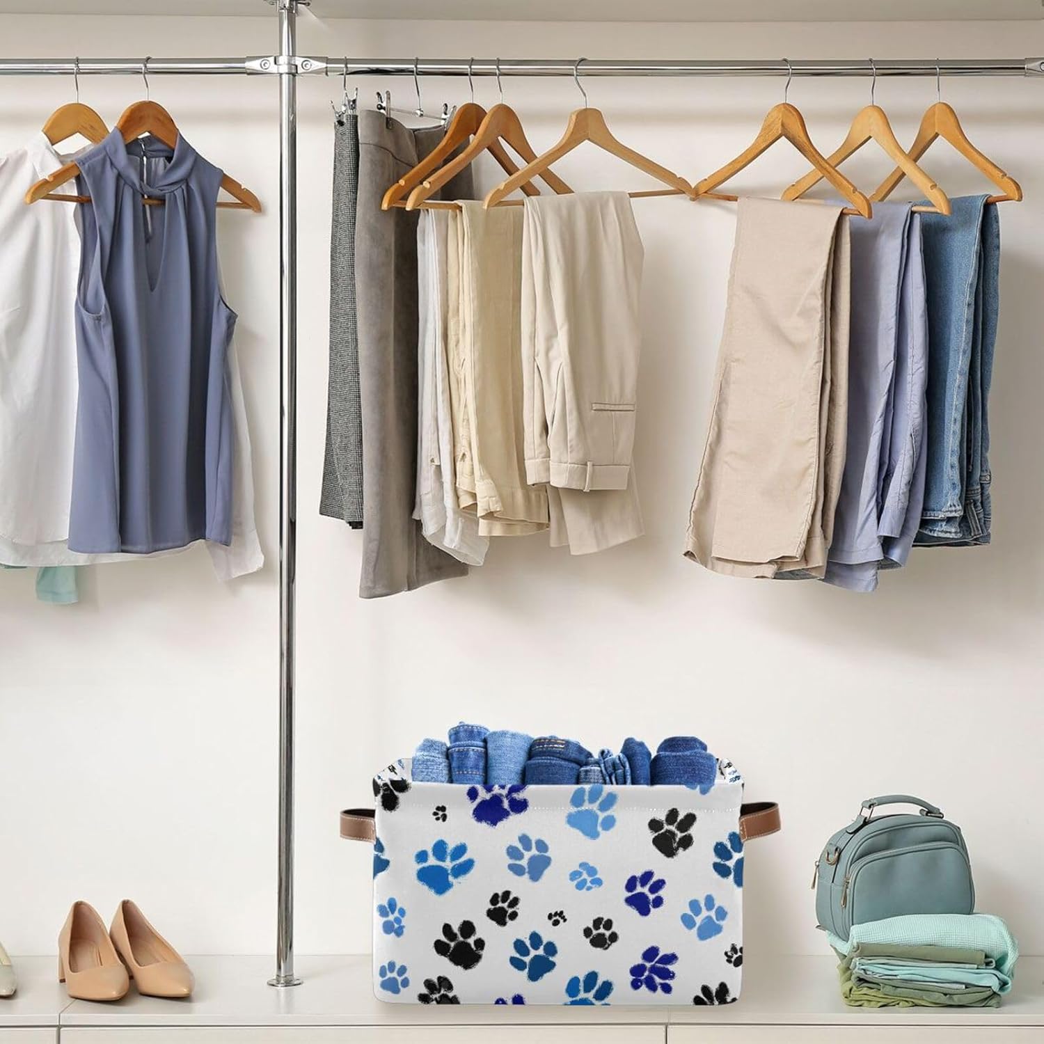 OTVEE Canvas Bins for Closet Shelves Organizing Blue Black Dog Cat Animal Paws Storage Basket Baby Clothes Organizers Storage Box Nursery Bins Gift Baskets 2 Pack