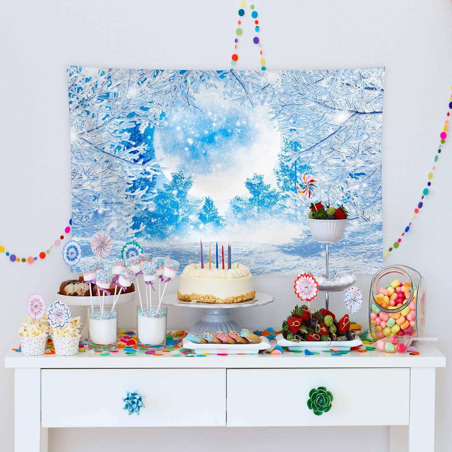 Flash Deals - 70% OFF Allenjoy 68 x 45 Winter Scene Backdrop Frozen Ice Snowy Forest Moon Landscape Background Let It Snow Birthday Holiday Festival Party Supplies Cake Table Decor Photobooth Favors Banner Props Gift