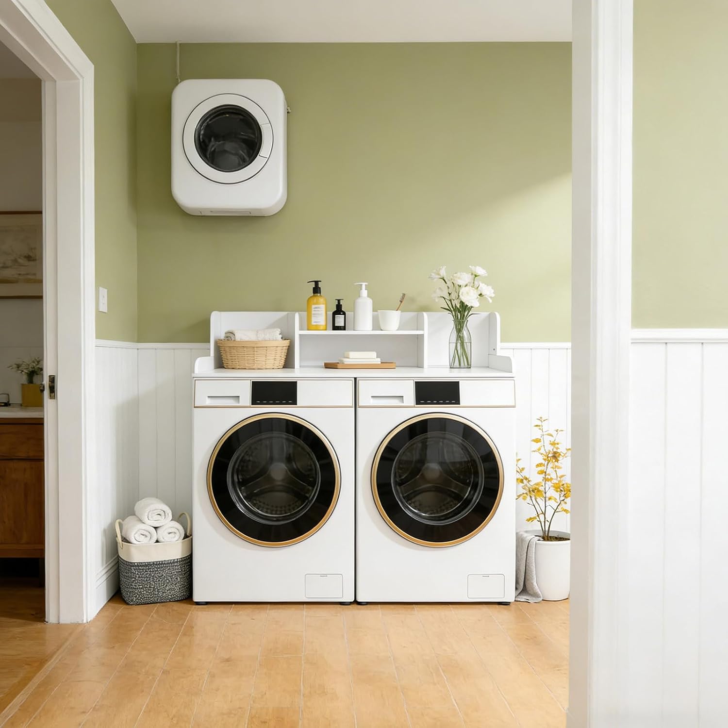 Washer Dryer Countertop, 2-Tier Laundry Countertop with Center Shelf and 3 Storage Compartments, Anti-Slip Edge Laundry Topper for Laundry Room Organization, 27.6"x53.9", White