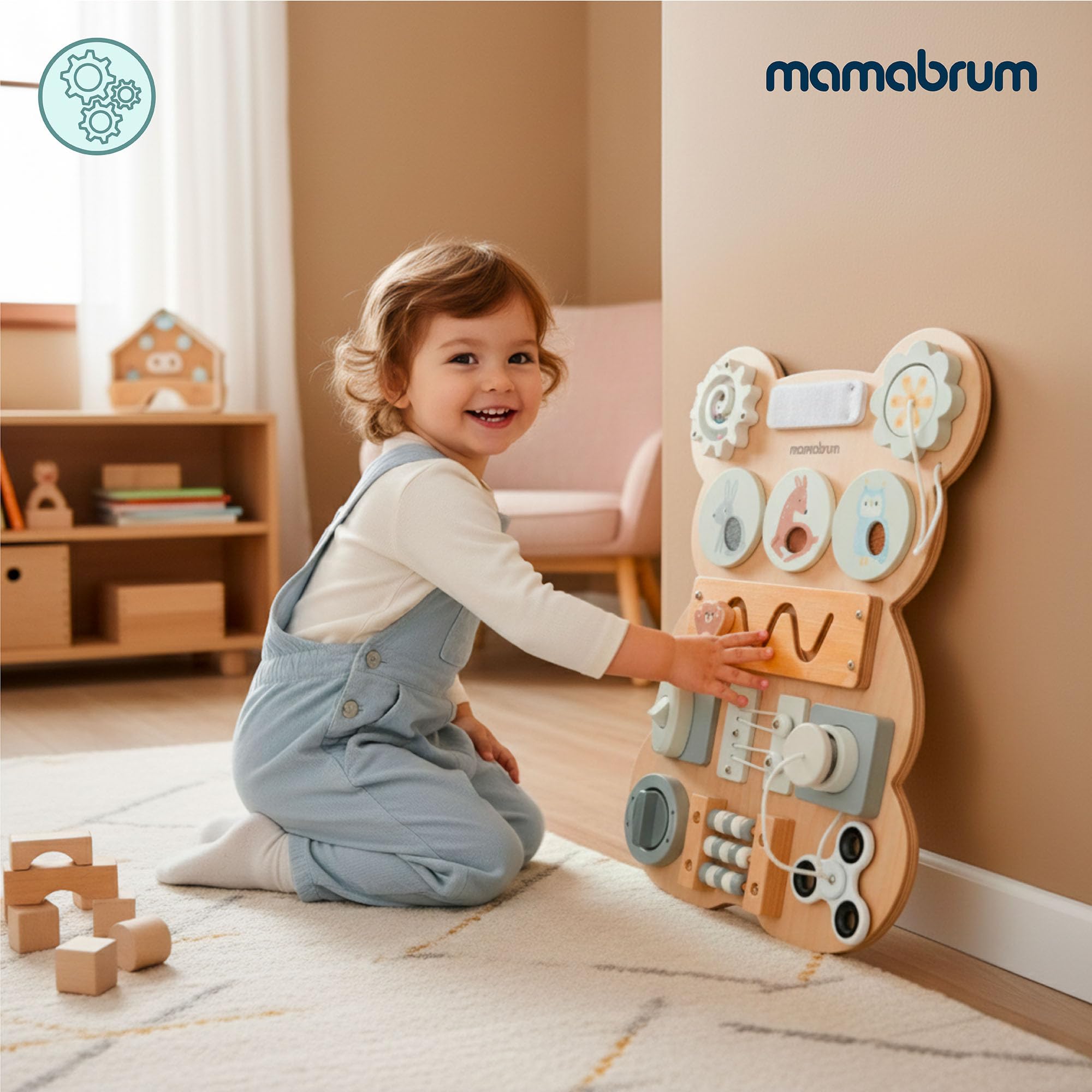 mamabrum Tabla Sensorial Montessori Oso – Juego Educativo Manipulación & Motricidad, Laberinto, Velcro, Enchufe & Botón Clic, Madera Sólida, Desarrollo Coordinación Bebés Niños