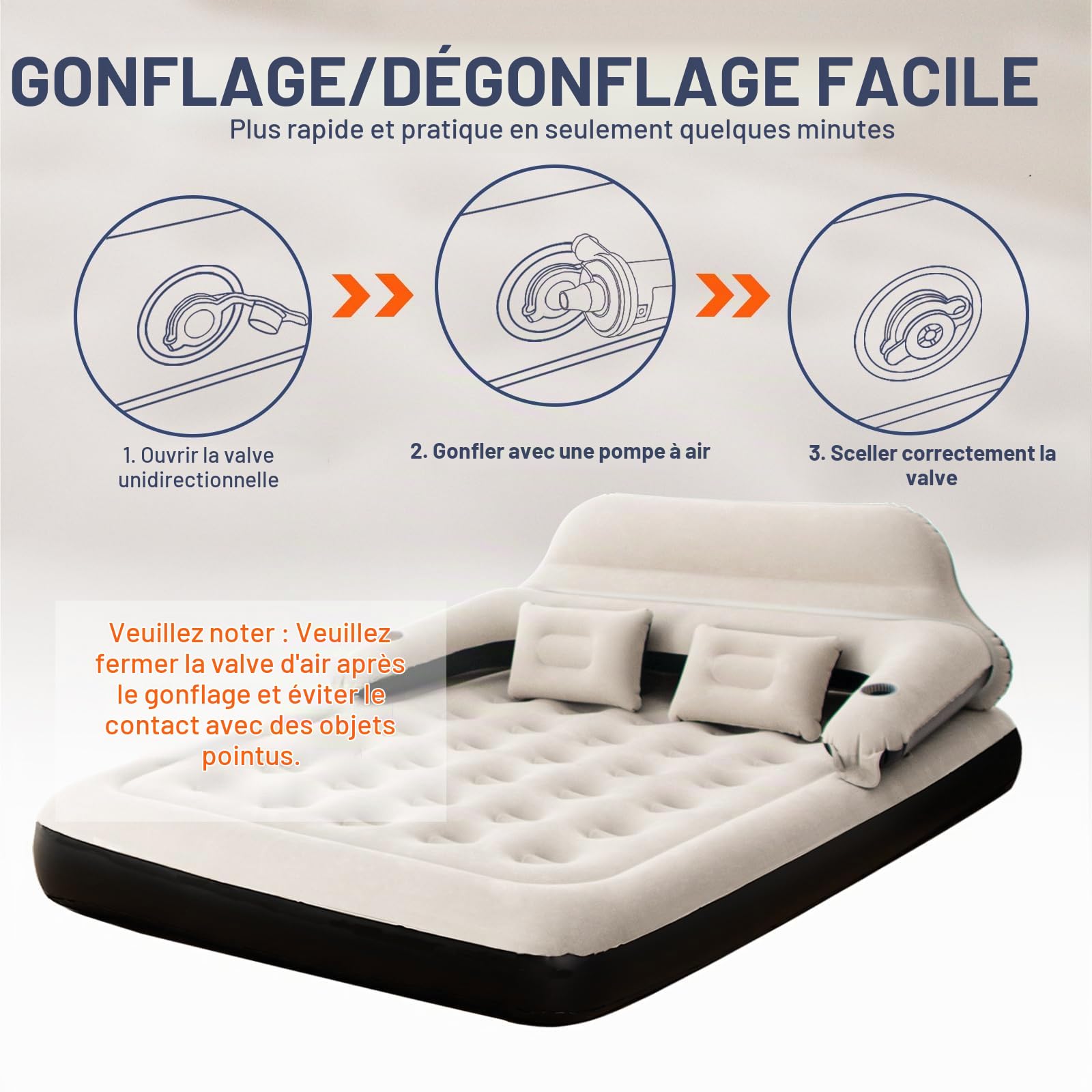 Matelas Pneumatique Taille Queen, Lit Gonflable, Matelas Gonflable avec Oreillers et Dossier