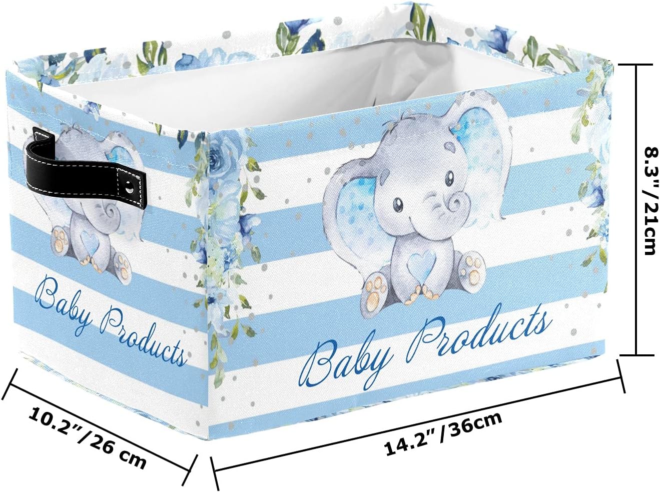 Blue Striped Cute Elephant Personalized Storage Bins ,Baskets Cubes Organizer with Handle for Shelves Closet Nursery Toy 1 Pack