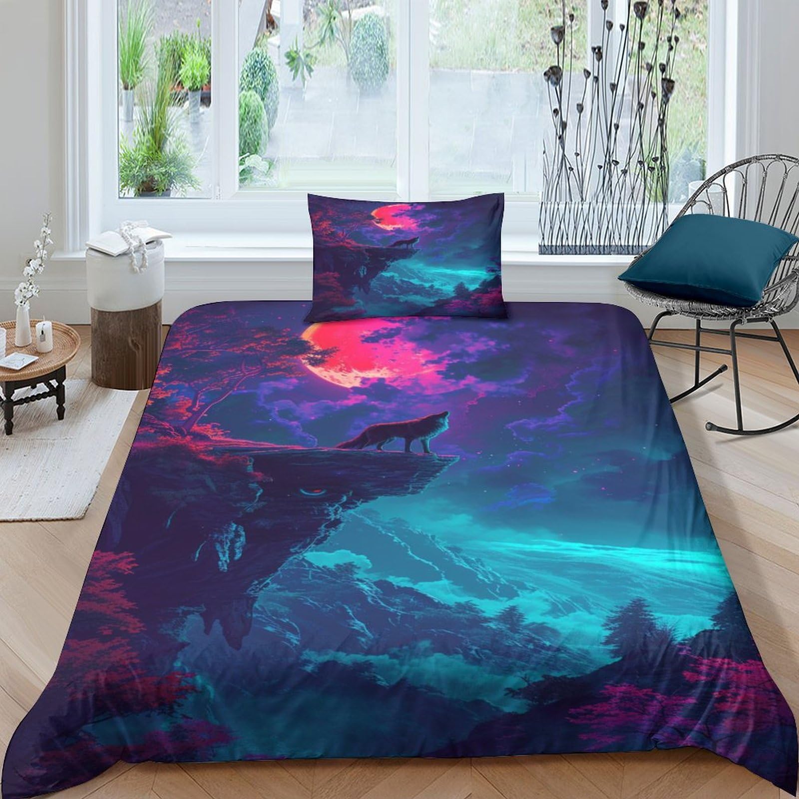 Housse de couette loup 3D en microfibre avec ses taies d'oreiller pour lit single