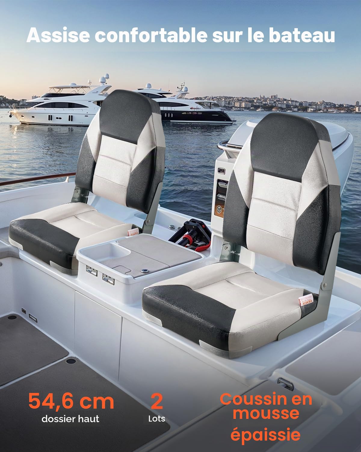 VEVOR Siège de Bateau à Dossier Haut, Support de Siège de Bateau Pliable, avec Coussin en Éponge Épais et Cuir PVC, Charnières en Alliage d'Aluminium, pour Pêche, Yachts, Navires, Noir et Gris