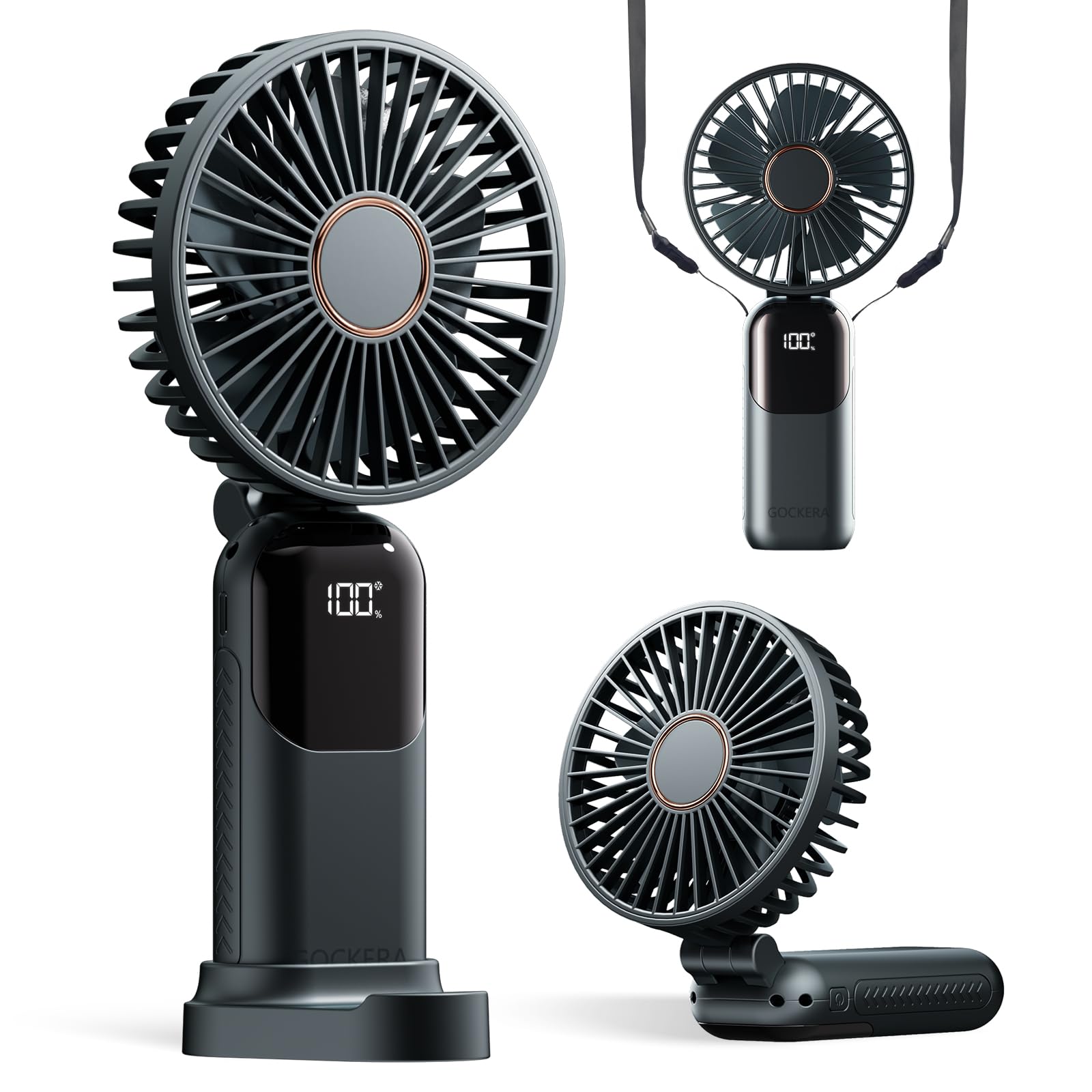 Portable Fan, 4200mAh Battery Operated Fan, 5 Speeds&Digital Display, Makeup Fans for Women with Base, 180°Foldable 3in1 Handheld/Neck/Desk Fan for Outdoor Indoor,Ultra Quiet (Black)