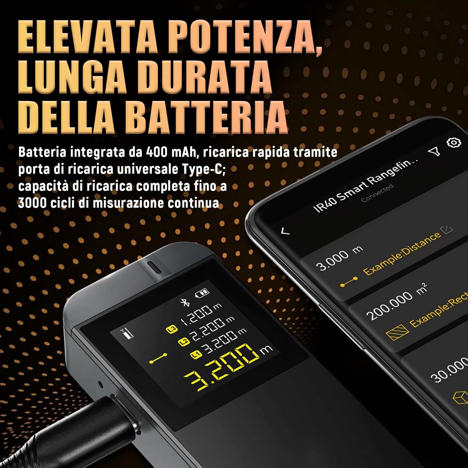 Metro Laser IR40 40m, Precisione ±2mm, Misuratore Laser Distanza con Bluetooth, Display Auto-Rotante, 8 Modalità, Batteria Ricaricabile, per fai-da-te, Misura Distanza, Superficie, Volume e Altezza