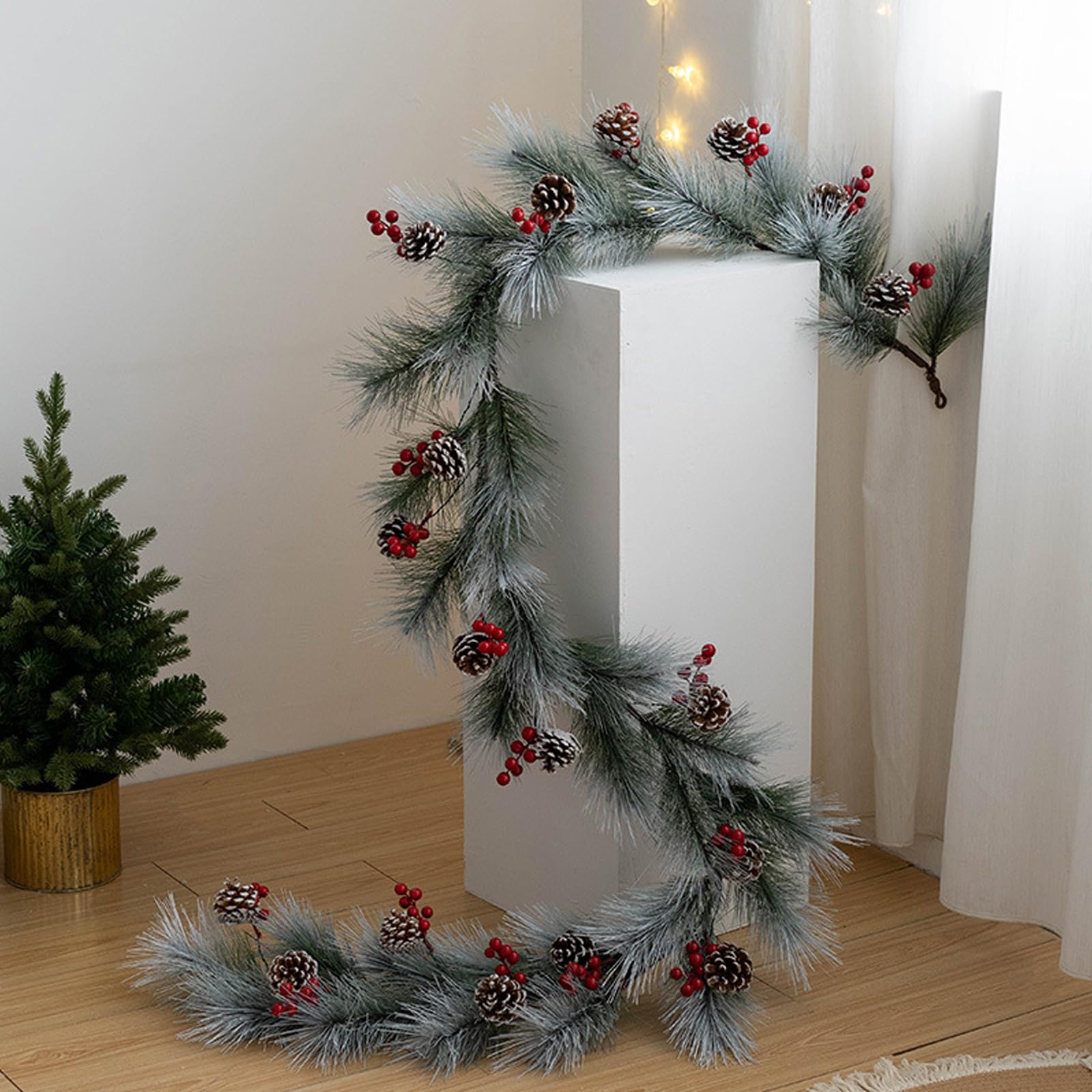 Pigne, Bacche Rosse E Accenti Glitterati Argentati, Ghirlanda Natale Artificiale in Pino Sterling, Ghirlanda Verde Invernale Per La Decorazione Del Centrotavola Del Camino Durante Le Festività,6ft