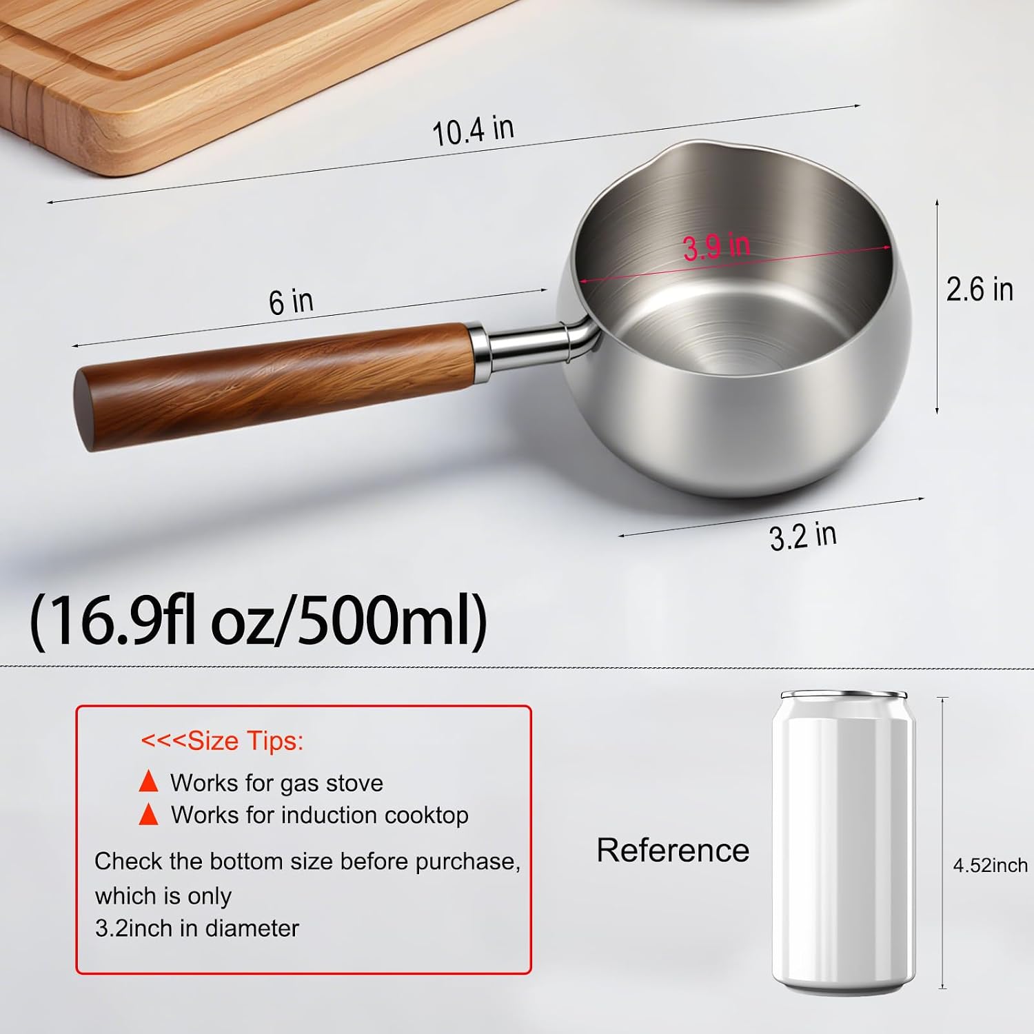 17fl oz (500ml) Stainless Steel Mini Pot Butter Warmer, Milk and Coffee Heater, Seafood Butter Warmer, Chocolate Melting,with Pour Spout and Wooden Handle,Induction cooker available