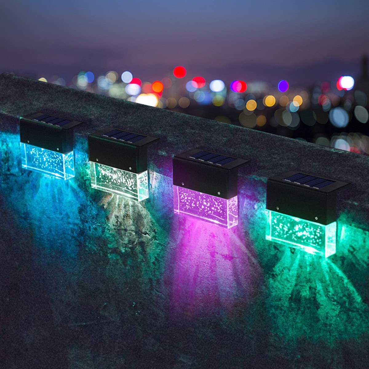 Lampy płotowe solarne na zewnątrz, światła stopniowe RGB, wodoodporne solarne światła do pokładu, lampy ścienne LED do ogrodu na ścieżkę, podwórko, patio, schody, stopnie i płoty, 4 szt