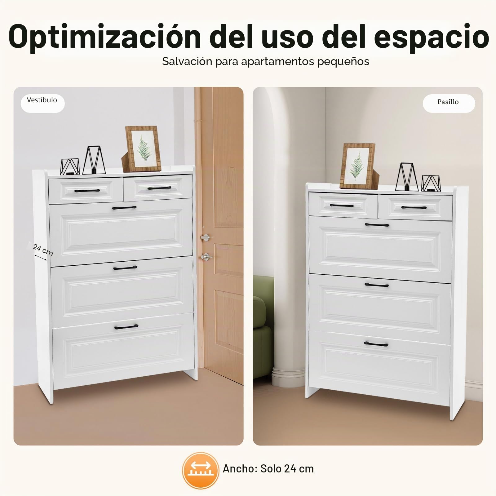 Zapatero organizador con 2 solapas, 80 x 24 x 120 cm, color blanco