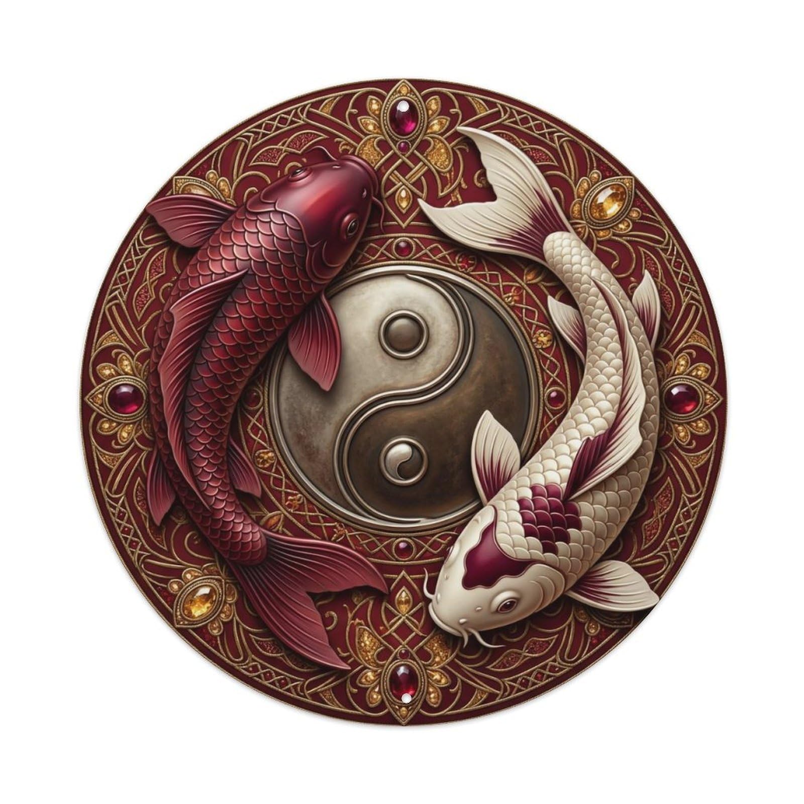 Tai Chi Koi Fish Garnet Red Wine Gem Deep Rich Dark Metal Tin Sign