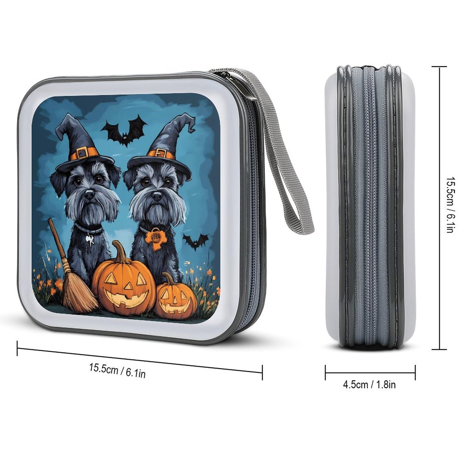 Halloween Schnauzer Cute Pumpkin Bat Spider CD Case Portable DVD Holder Storage Organizer for Home Travel