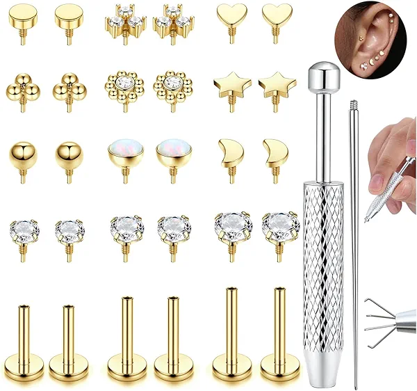 16G 18G Flat Back Stud Earrings for Women - Hypoallergenic Surgical Steel Internal Thread Stud Piercing Jewelry for Tragus Helix Cartilage Conch Nose 14K Gold Plated Lip Labret Medusa Piercing Silver