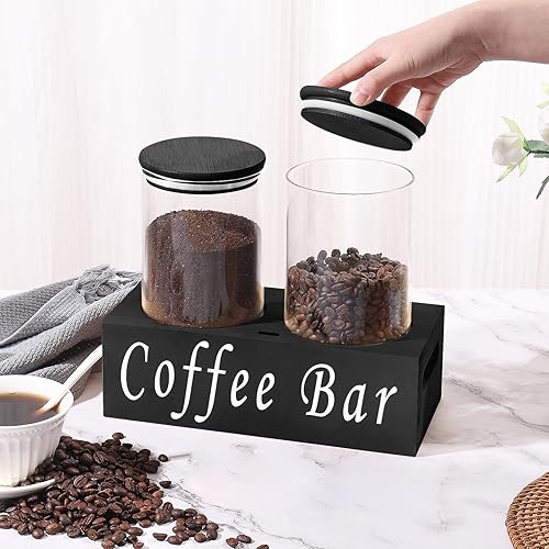 Miniatura 6 de Contenedores de café de vidrio herméticos para almacenamiento de granos de café con estante, 2 unidades de 44 onzas, organizador de estación de