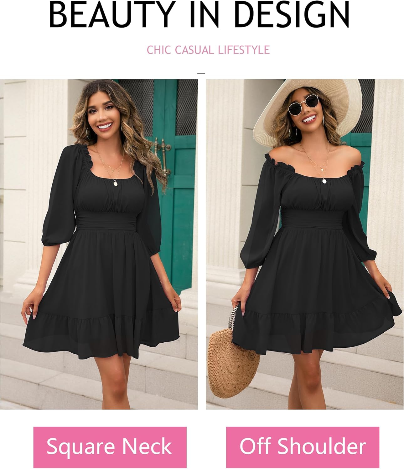 Phortric Womens Summer Tie Back Dress Square Neck Lantern Sleeve Off Shoulder Casual Mini Dresses - Image 3