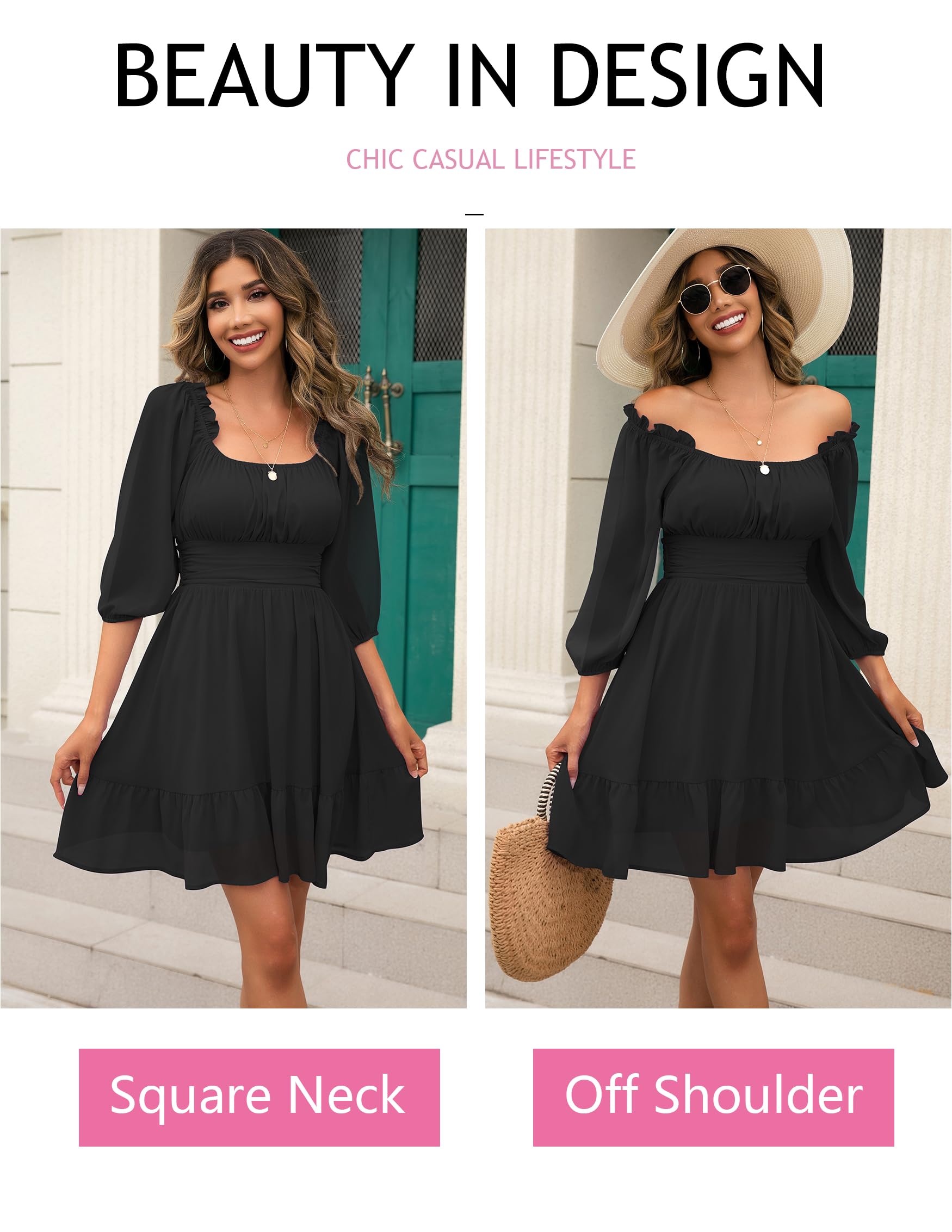 Phortric Womens Summer Tie Back Dress Square Neck Lantern Sleeve Off Shoulder Casual Mini Dresses: A-black X-Small