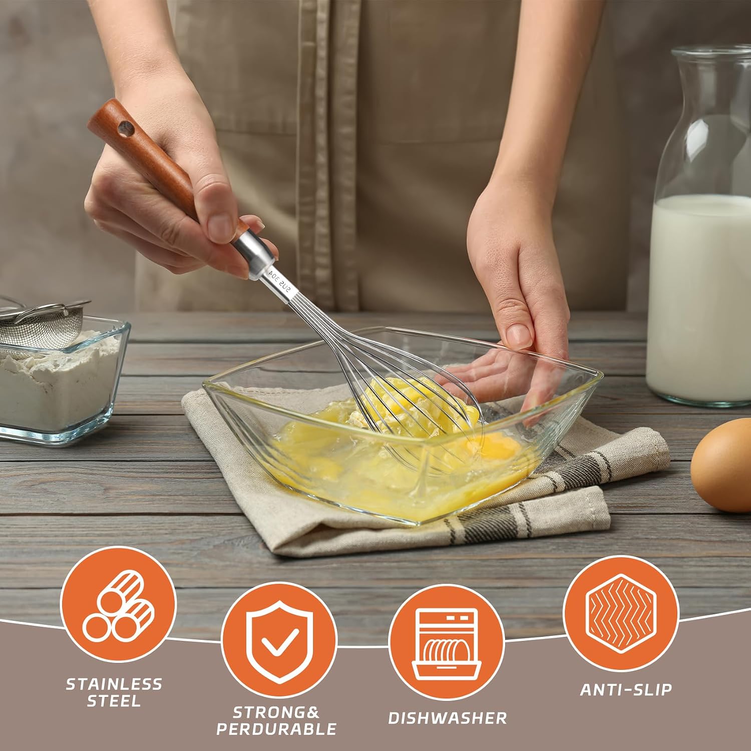 Stainless Steel Whisk Wiht Non-Slip Wooden Handle, Balloon Whisk Egg Beater For Stirring Whisking Blending Mixing Egg Gravy Cake Batter Flour Or Sauces (10.8"L x 2.4"W) image 4
