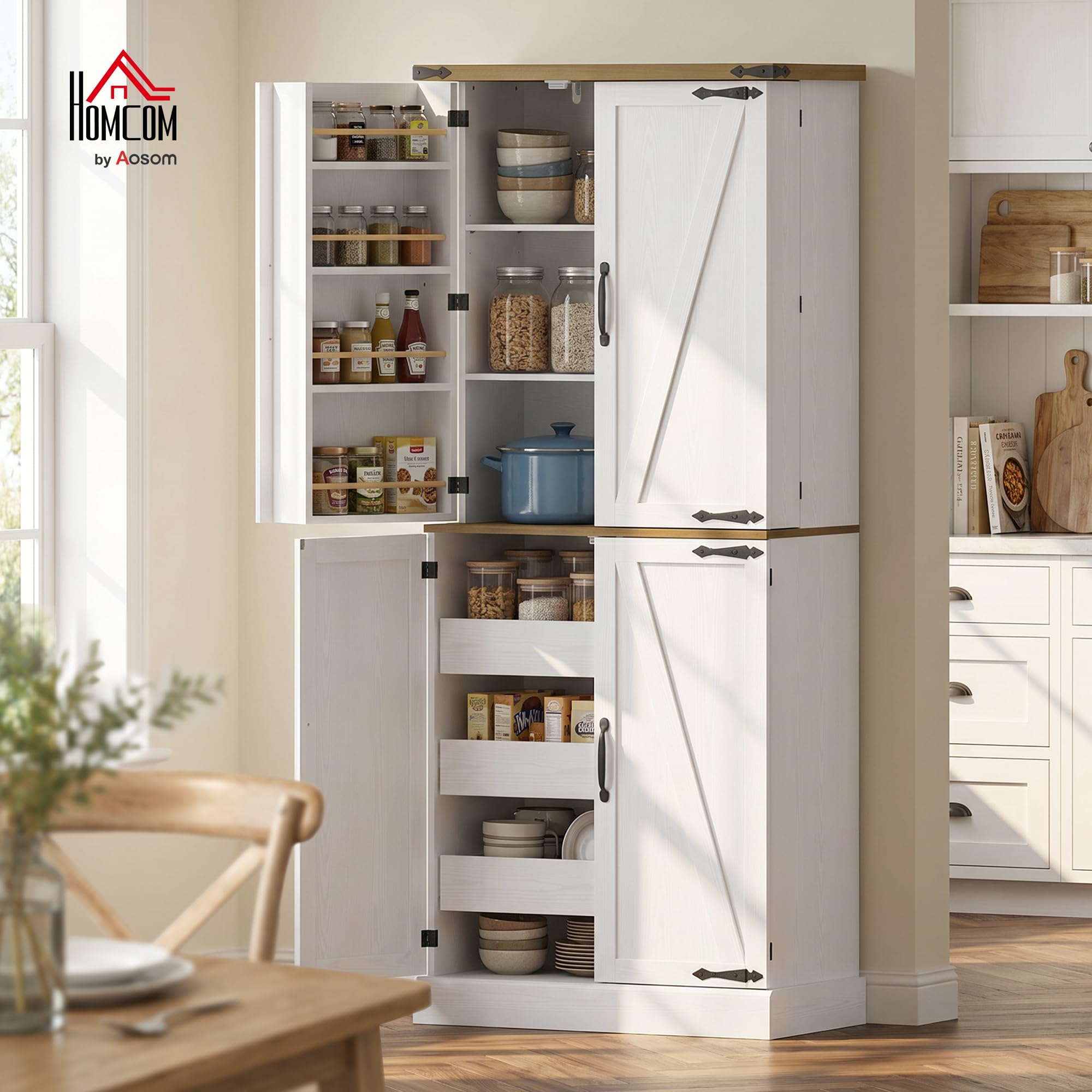 HOMCOM Buffet Haut Cuisine Armoire de Cuisine 4 Portes 76x40x182cm Blanc | Vaisselier, 3 Tiroirs, 8 Porte-Racks, Étagères Réglables, Style Rustique, Meuble de Rangement Salon, Salle à Manger