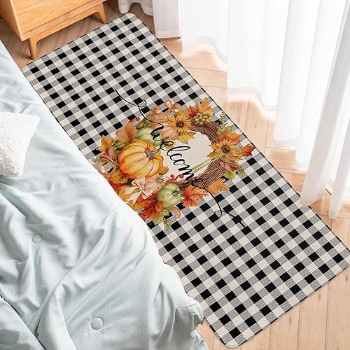 Miniatura 6 de Juego de 2 alfombras de cocina de otoño, calabaza de Acción de Gracias, hojas de arce, corona de girasol, rústico, negro y blanco, tapete de cocina