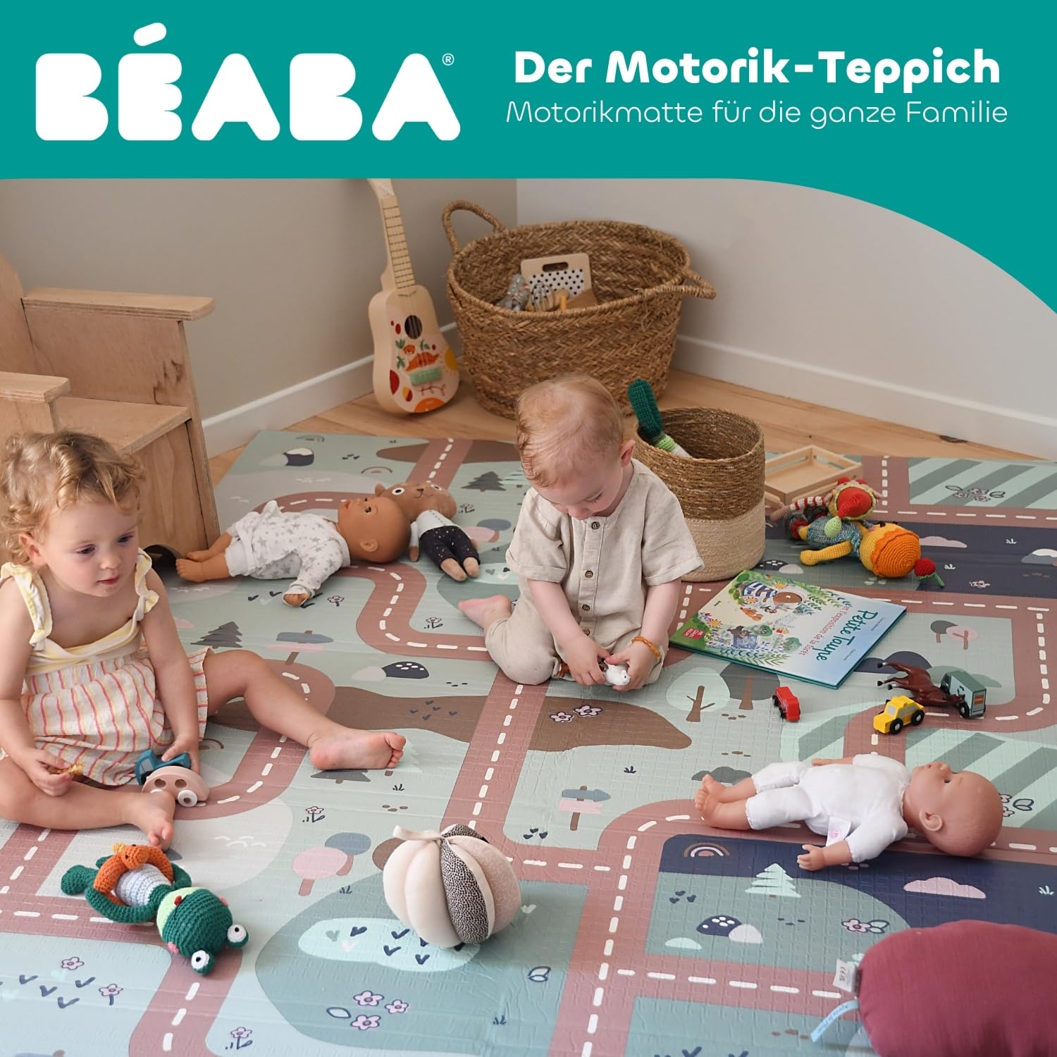 BÉABA XXL Motorikmatte 200x150 cm – Wendbar, 2-seitig, Hochdichte 1,5 cm Schaumstoff, Wasserabweisend, Leicht zu Reinigen, Zusammenklappbar mit Tragetasche – Play Life/Arch