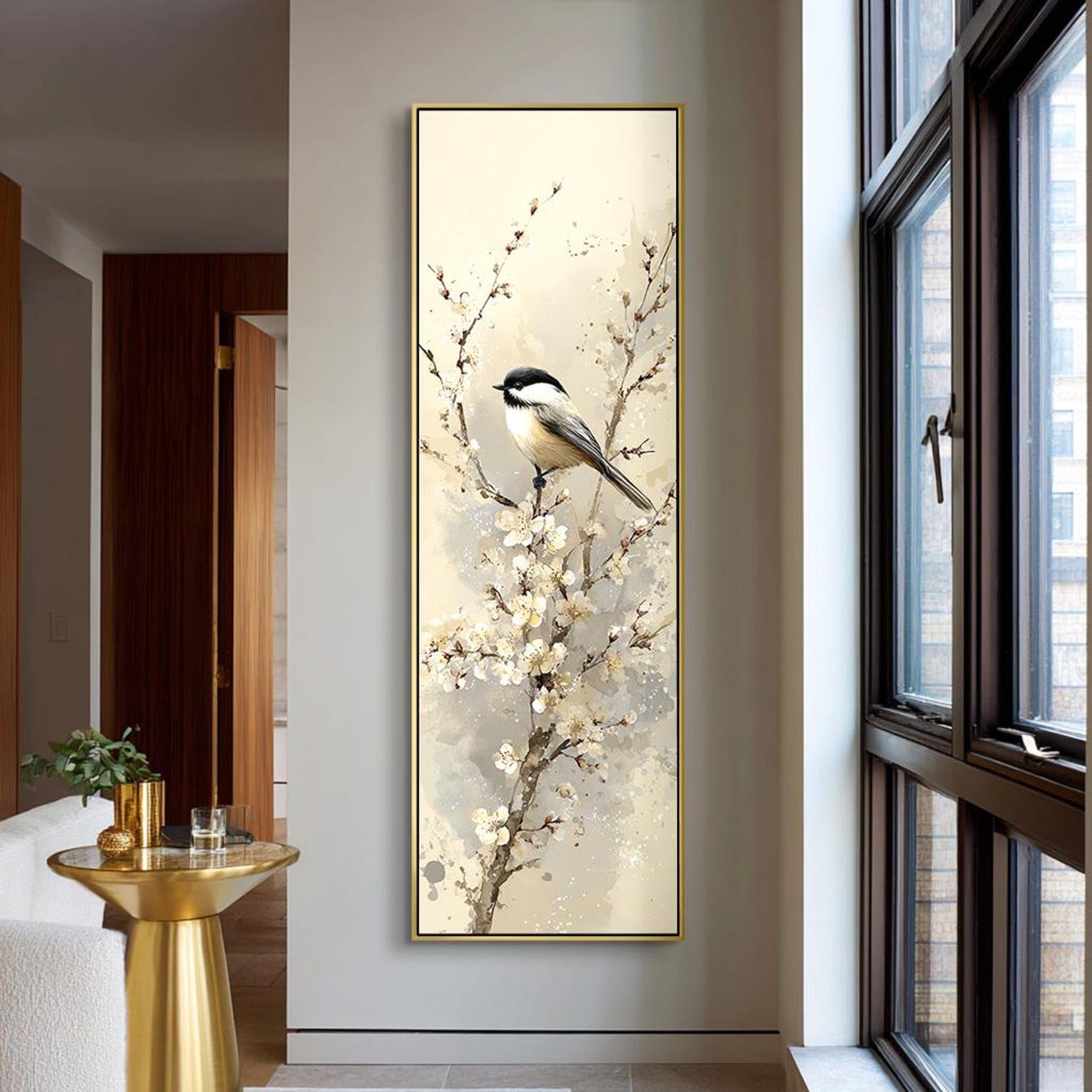 XINBAO Minimalist Decor, Abstract Bird Prints, Large Vertical Painting, Tall Thin Canvas Wall Art，Long Horizontal Bed Decor(55x110cm/Frameless)