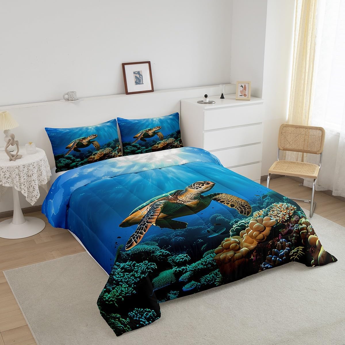 Erosebridal Sea Turtle Comforter Set, Tortoise Print Bedding Set, Reptile Nautical Duvet Set, Underwater World Oasis Ocean Animal Soft Lightweight Quilt Set Queen Size, for Kid Boys Girls Adult, Blue