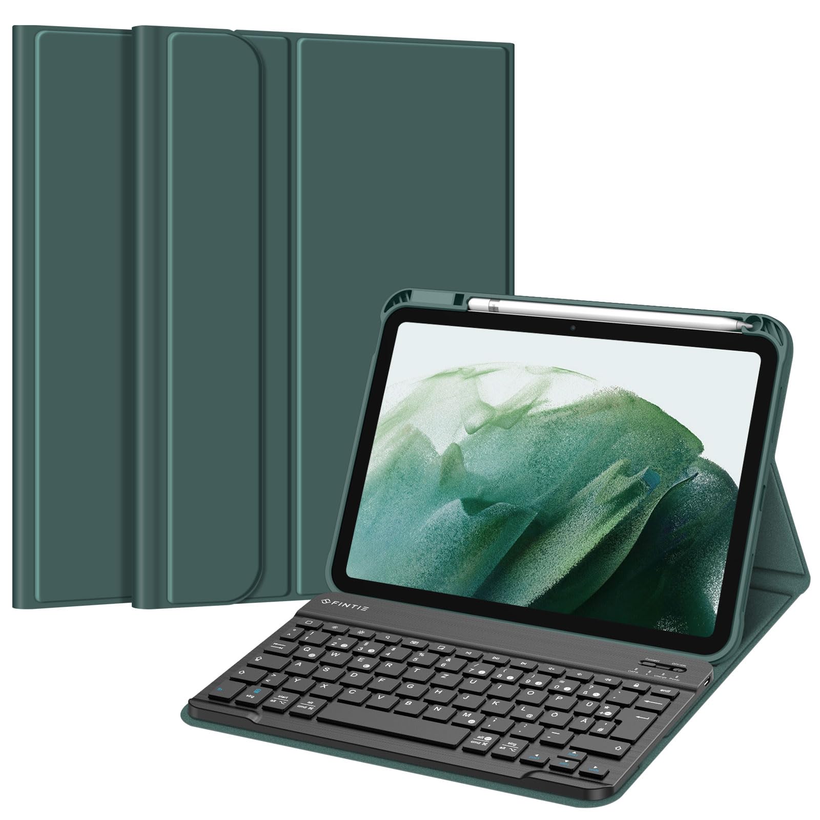 FINTIE Hülle mit Tastatur für iPad (A16) 11/10 Generation (2025/2022, 11/10.9 Zoll), Schutzhülle mit Stifthalter, Soft TPU Rückschale und magnetisch Abnehmbarer Keyboard, QWERTZ Layout, Dunkelgrün